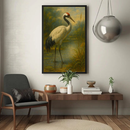 Japanese red crowned crane painting standing in calm water nature bird art serene wildlife print Asian minimal wall decor Wall Art – Canvas Print