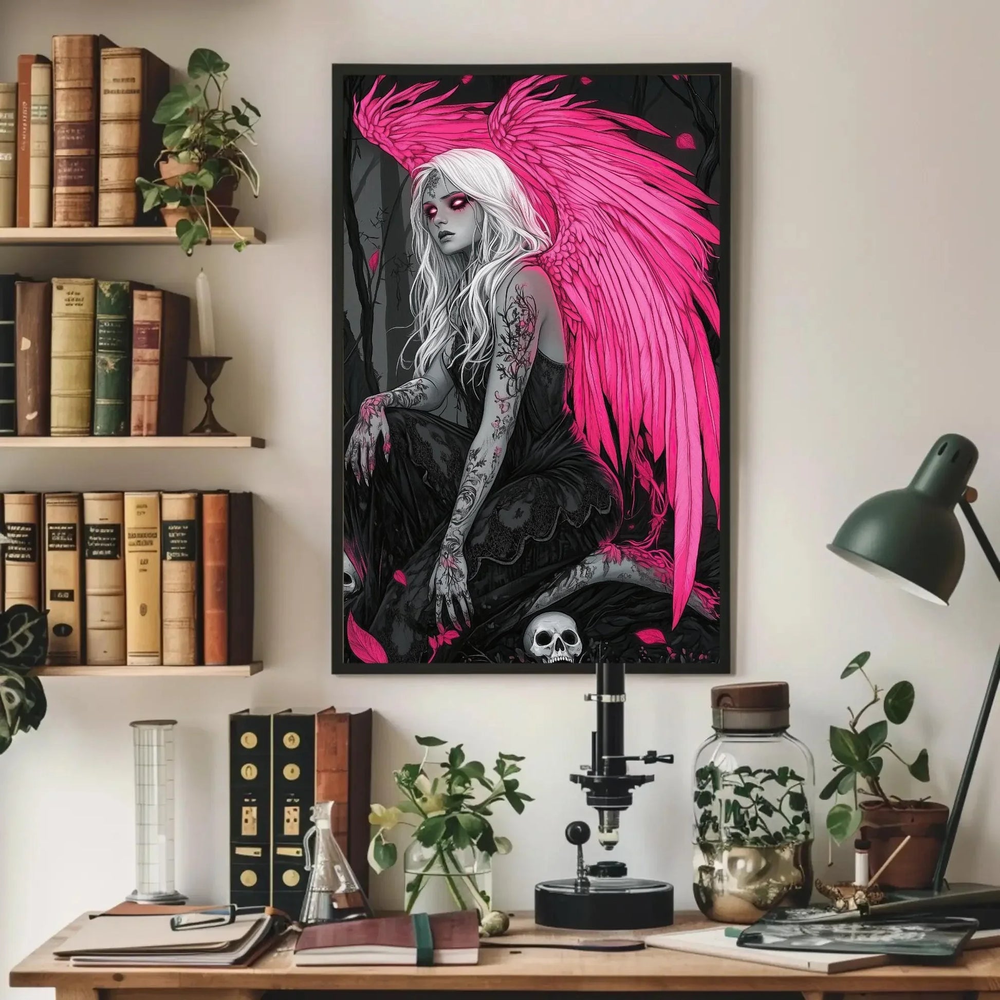 Gothic Angel with Skulls Canvas Print, Extra Large Pink Wings Fantasy Art, Dark Feminine Wall Decor for Gothic Bedroom or Tattoo Studio Wall Art – Canvas Print