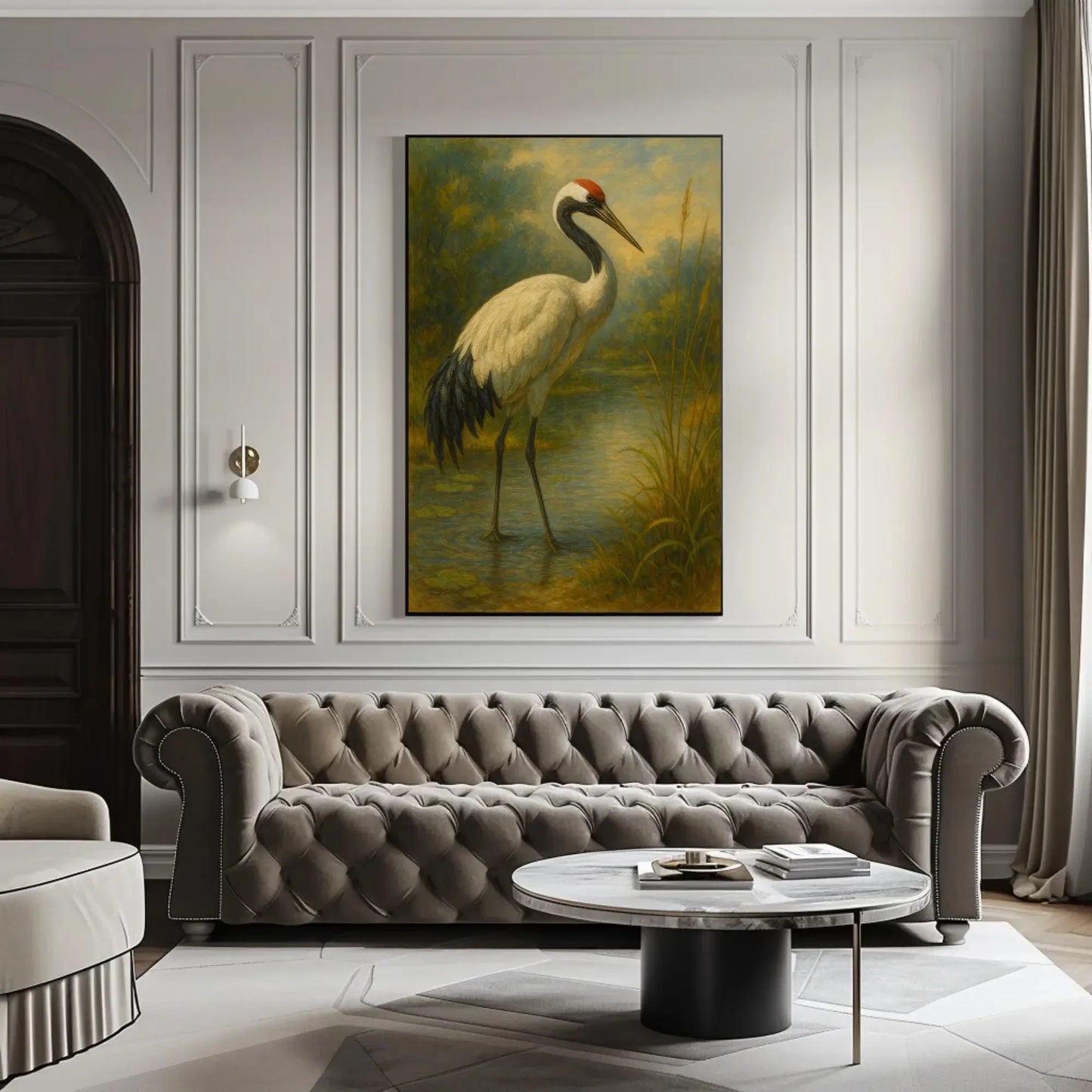 Japanese red crowned crane painting standing in calm water nature bird art serene wildlife print Asian minimal wall decor Wall Art – Canvas Print