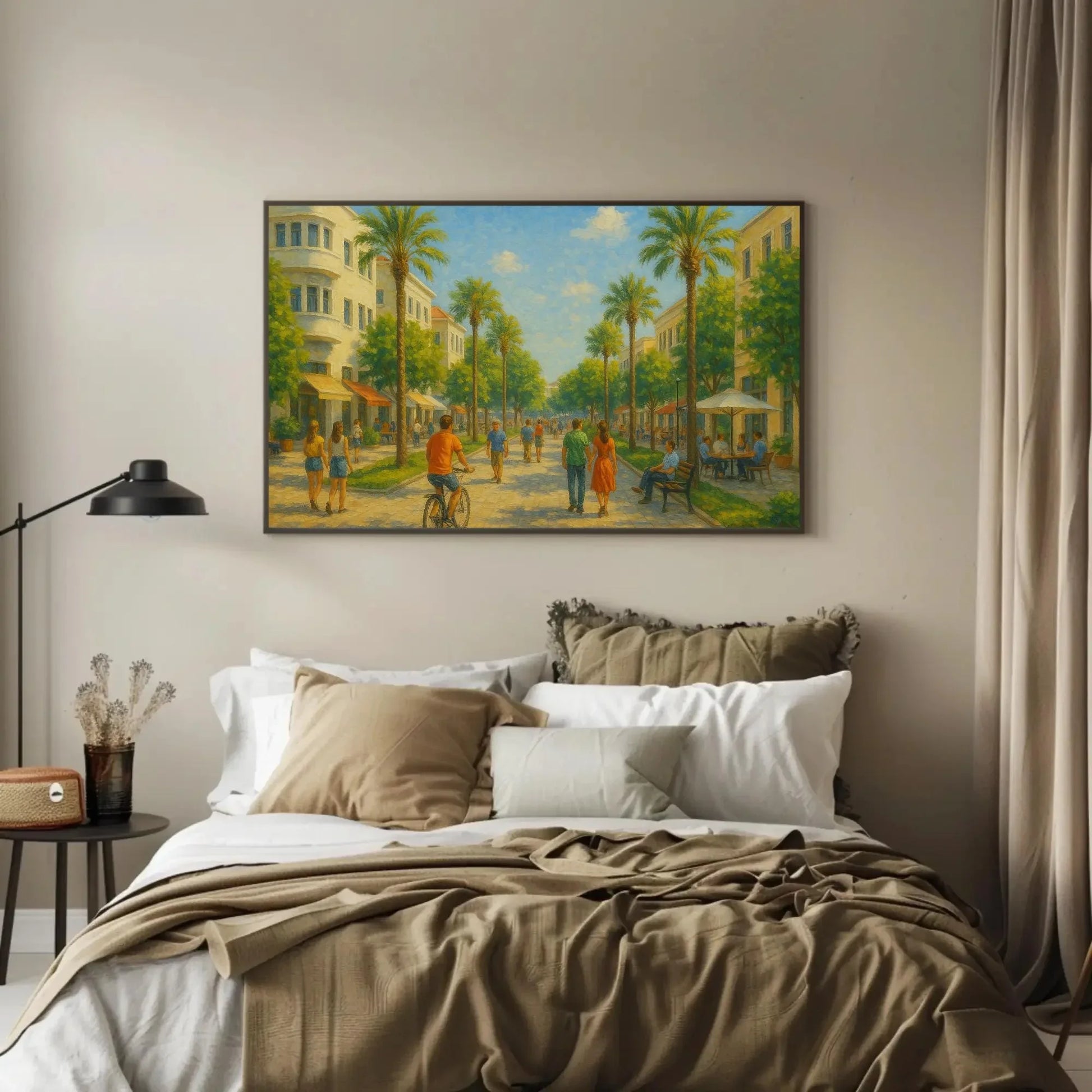 Israel palm street canvas print sunny modern city painting Middle Eastern art for home decor romantic warm tone landscape Wall Art – Canvas Print