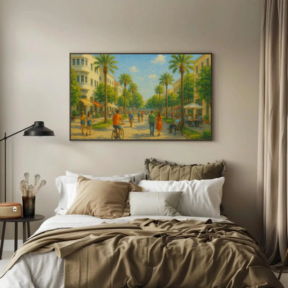 Israel palm street canvas print sunny modern city painting Middle Eastern art for home decor romantic warm tone landscape Wall Art – Canvas Print