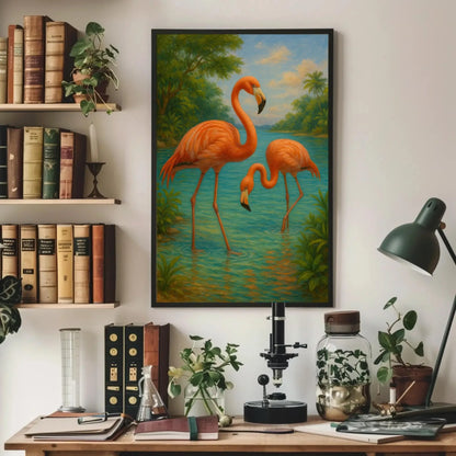 Pink flamingos tropical bird painting exotic jungle lake wildlife wall decor Caribbean summer canvas print paradise vibes Wall Art – Canvas Print