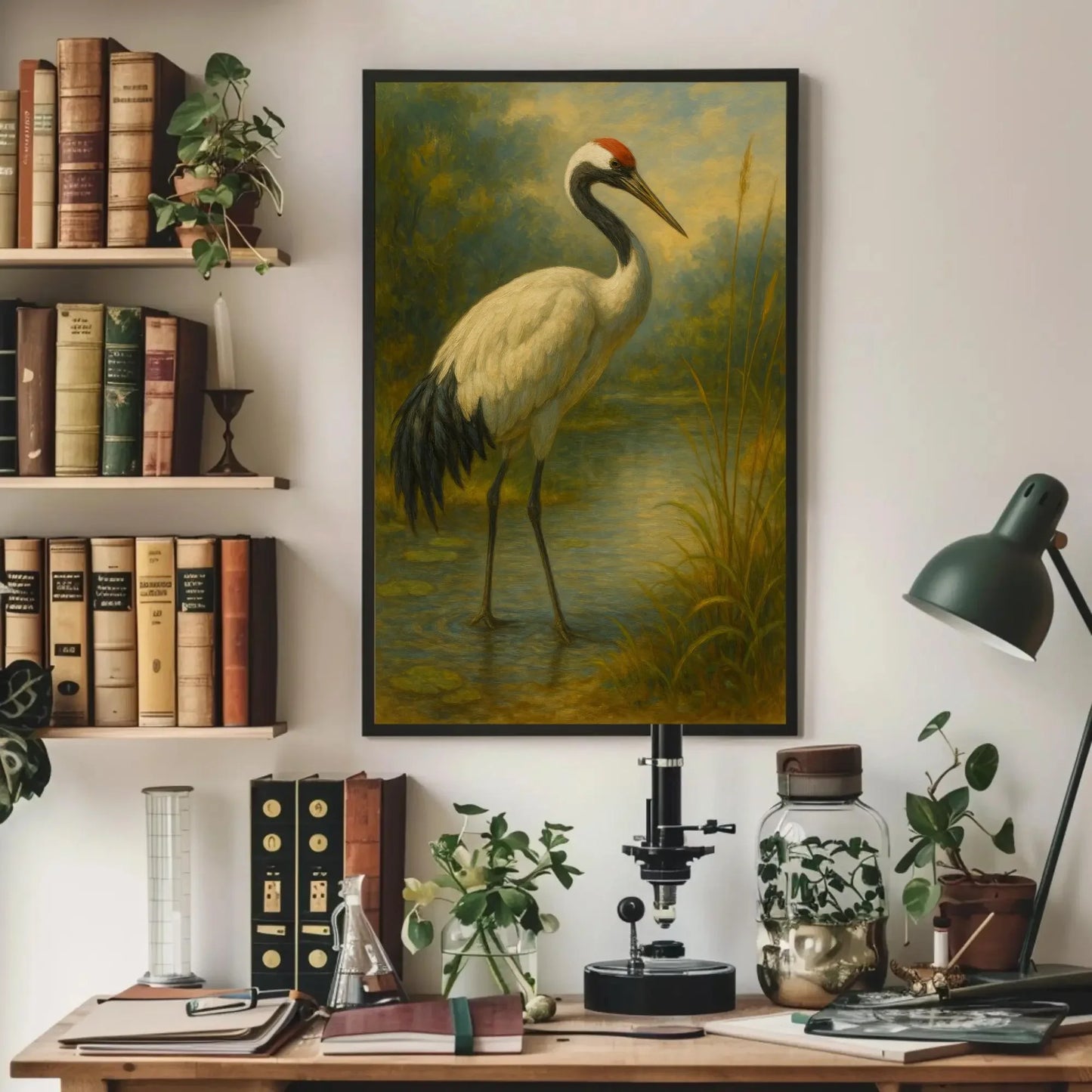 Japanese red crowned crane painting standing in calm water nature bird art serene wildlife print Asian minimal wall decor Wall Art – Canvas Print