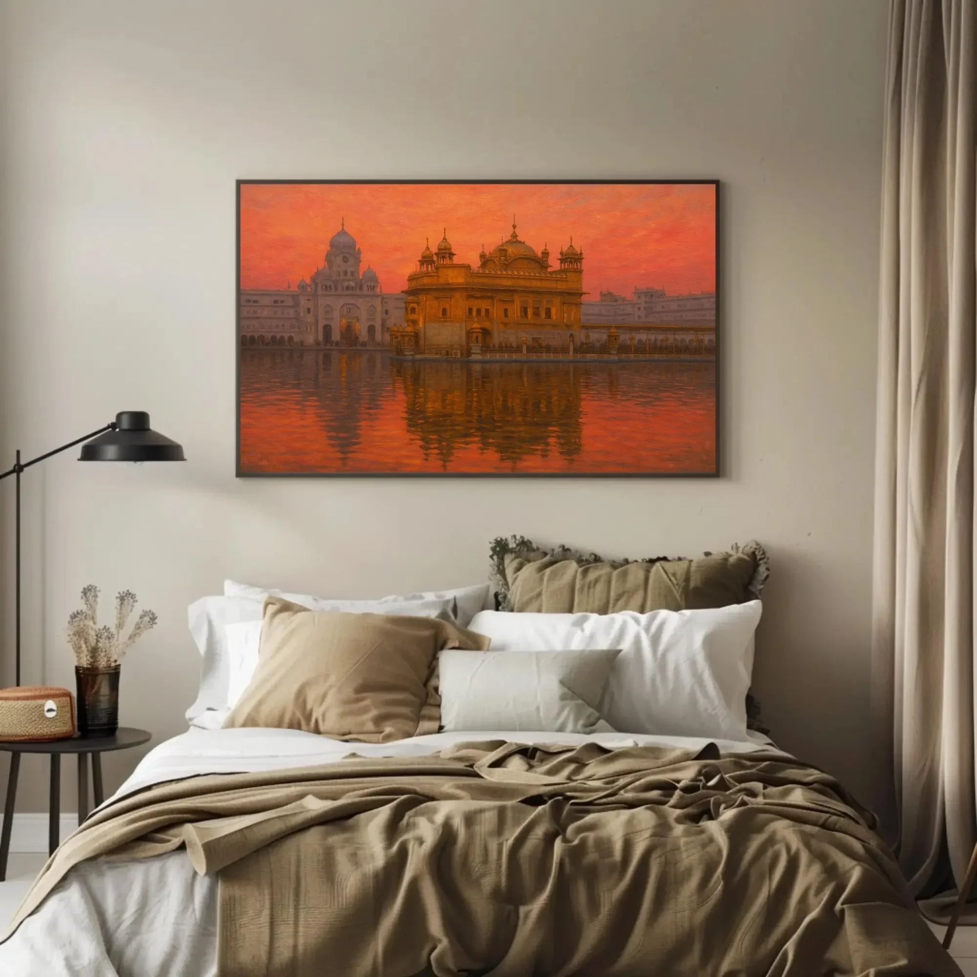 Golden Temple Amritsar Sunset Canvas Print, Sacred Sikh Temple Painting, Spiritual Reflection Wall Art, Peaceful Religious Cultural Decor Wall Art – Canvas Print