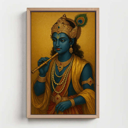 Krishna portrait with flute canvas print Indian art Hindu god wall decor spiritual blessing divine blue deity home temple piece Wall Art – Canvas Print