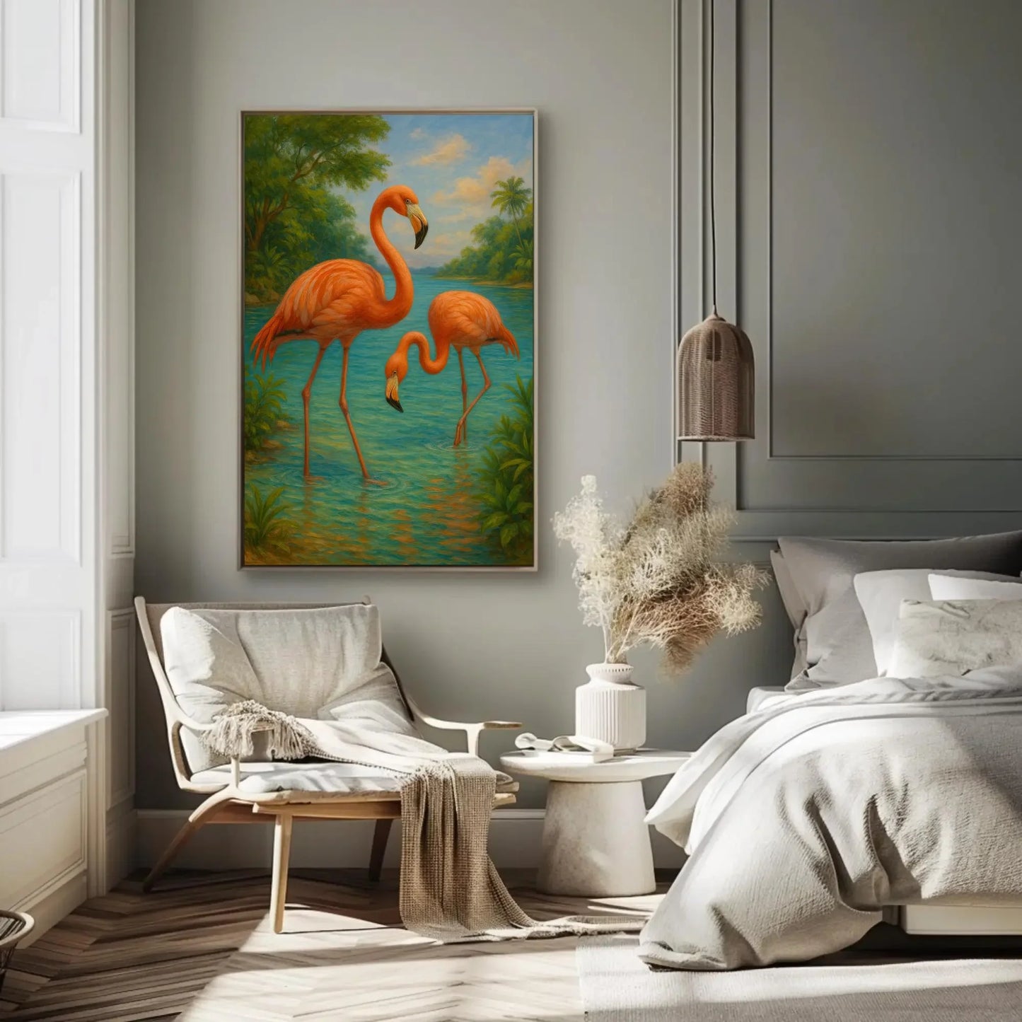 Pink flamingos tropical bird painting exotic jungle lake wildlife wall decor Caribbean summer canvas print paradise vibes Wall Art – Canvas Print