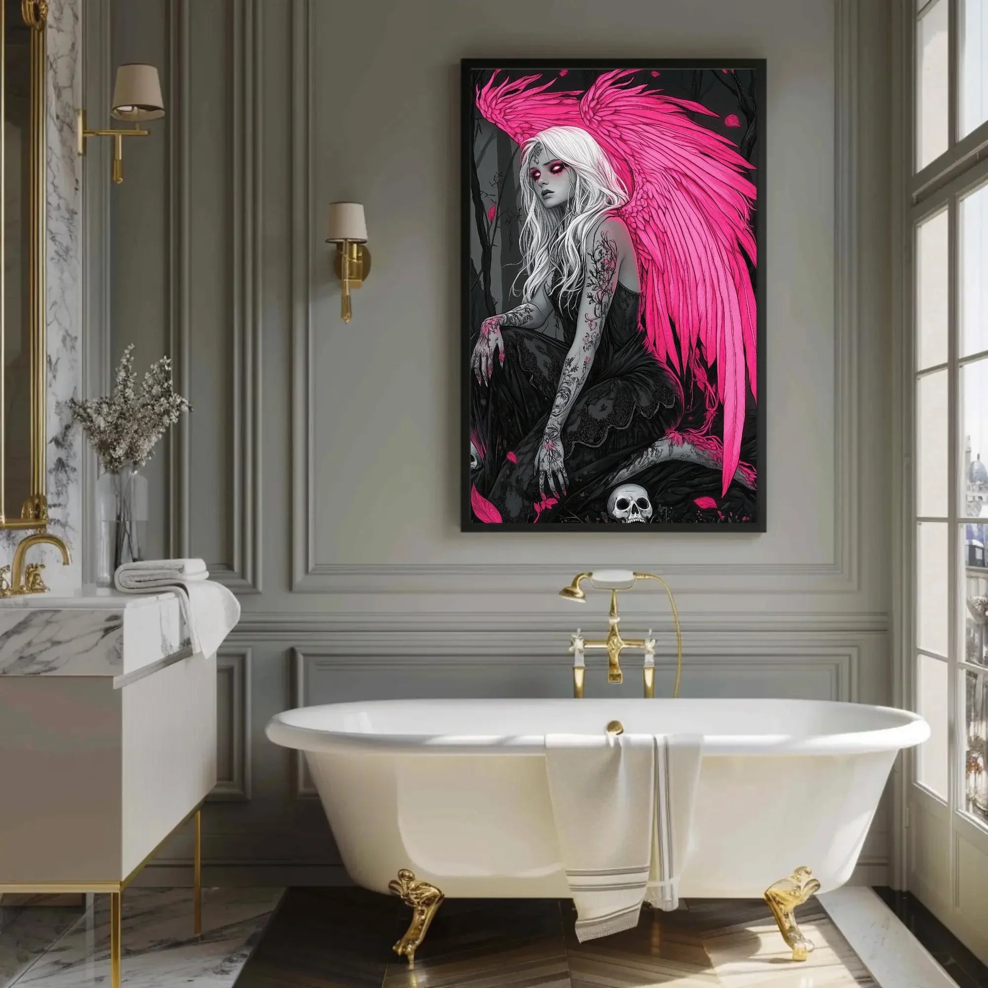 Gothic Angel with Skulls Canvas Print, Extra Large Pink Wings Fantasy Art, Dark Feminine Wall Decor for Gothic Bedroom or Tattoo Studio Wall Art – Canvas Print