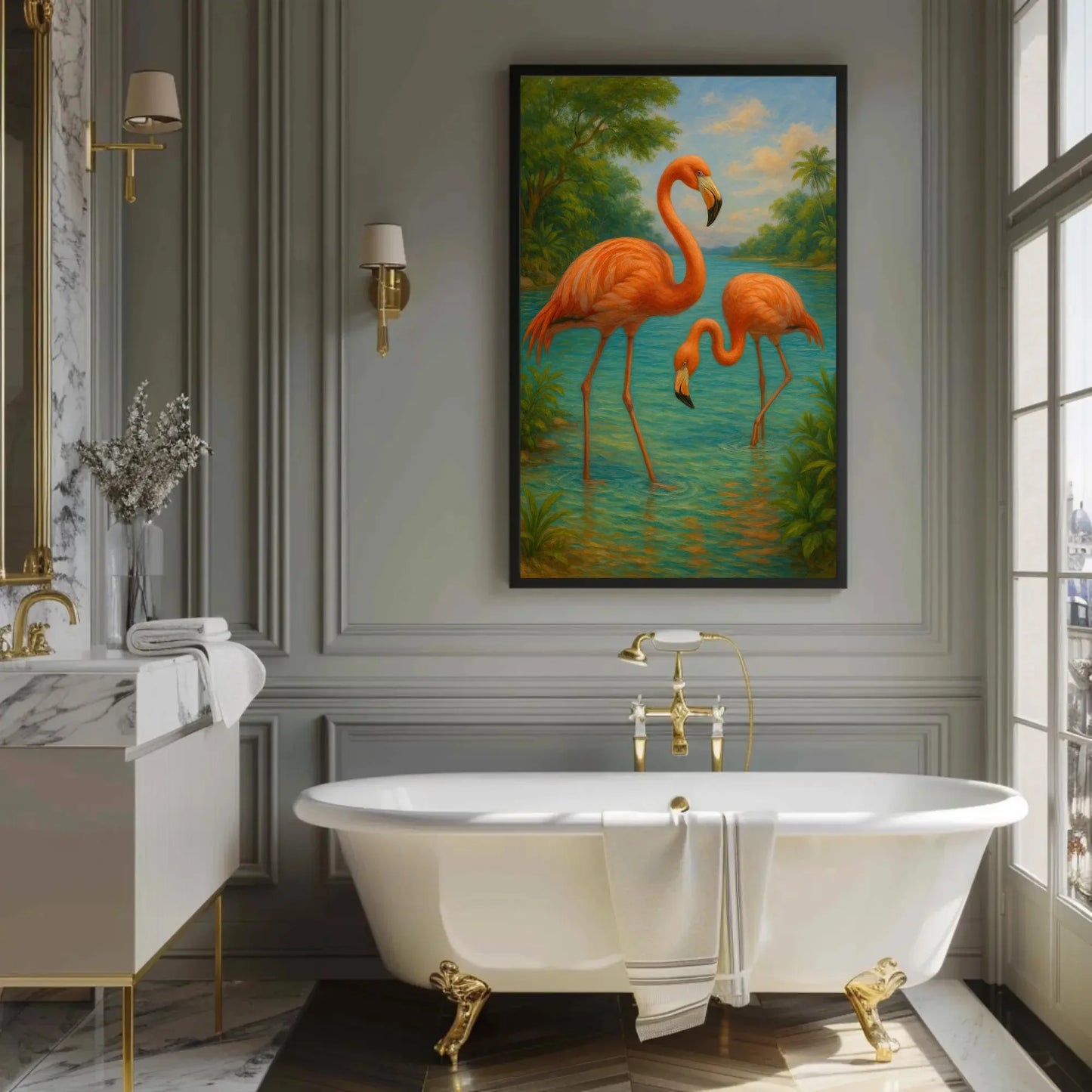 Pink flamingos tropical bird painting exotic jungle lake wildlife wall decor Caribbean summer canvas print paradise vibes Wall Art – Canvas Print
