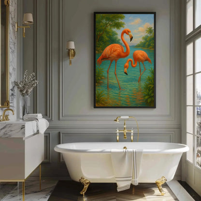 Pink flamingos tropical bird painting exotic jungle lake wildlife wall decor Caribbean summer canvas print paradise vibes Wall Art – Canvas Print