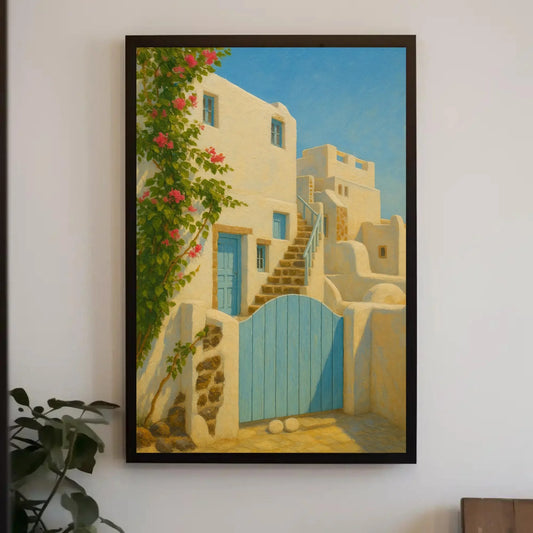 Greek Island Blue Door Art Print – Whitewashed House Canvas Print with Pink Bougainvillea, Greece Travel Painting for Wall Decor Wall Art – Canvas Print