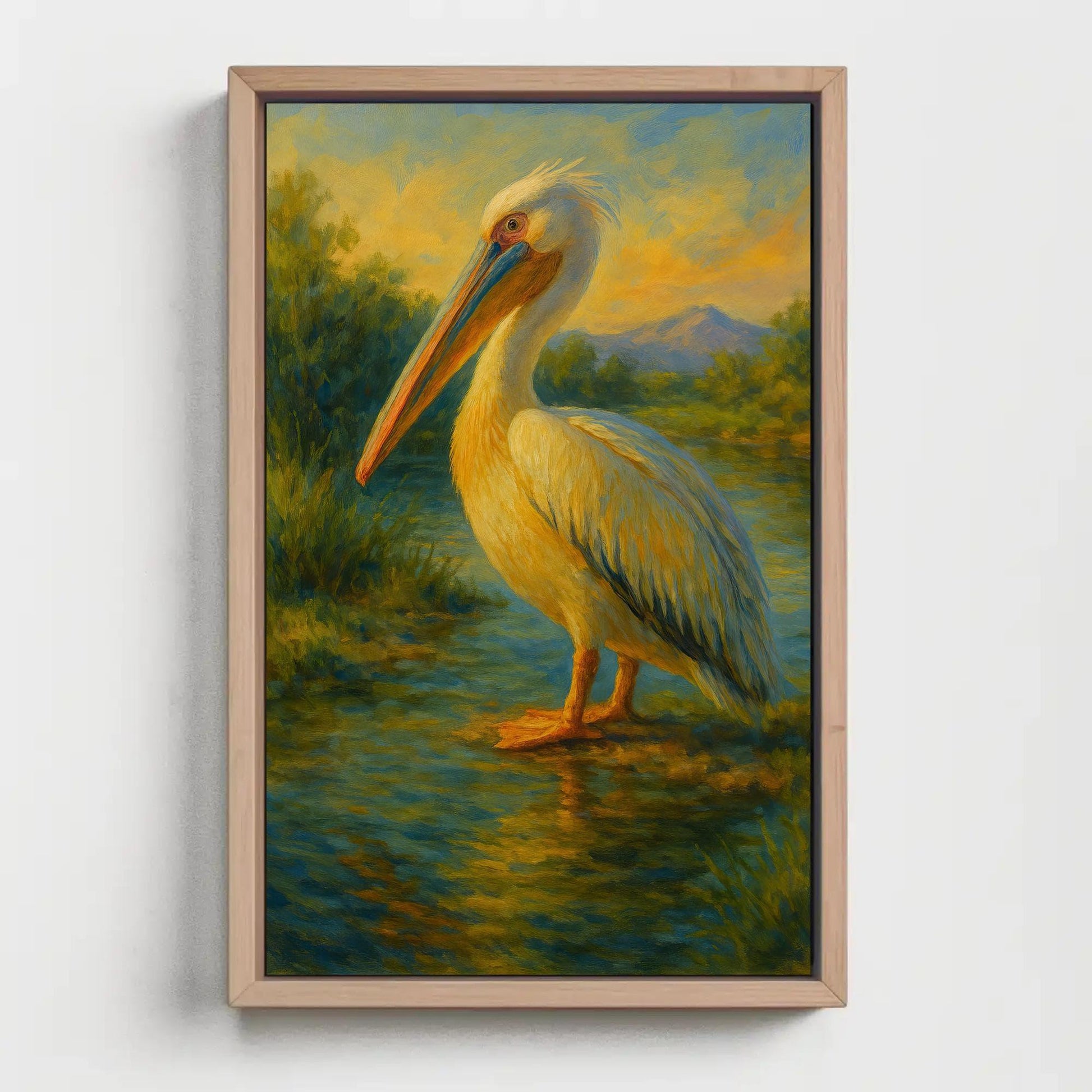 Majestic White Pelican at Sunset Canvas Print, Tranquil Water Bird Painting, Serene Wildlife Wall Art, Peaceful Nature Scene for Home Decor Wall Art – Canvas Print