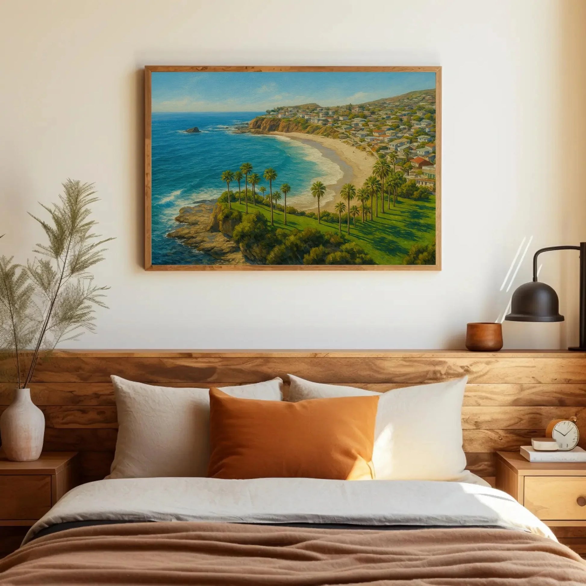 Sunny Laguna Beach California Canvas Print, Coastal Seaside Landscape Painting, Oceanfront Palms Wall Art, Relaxing Beach House Home Decor Wall Art – Canvas Print