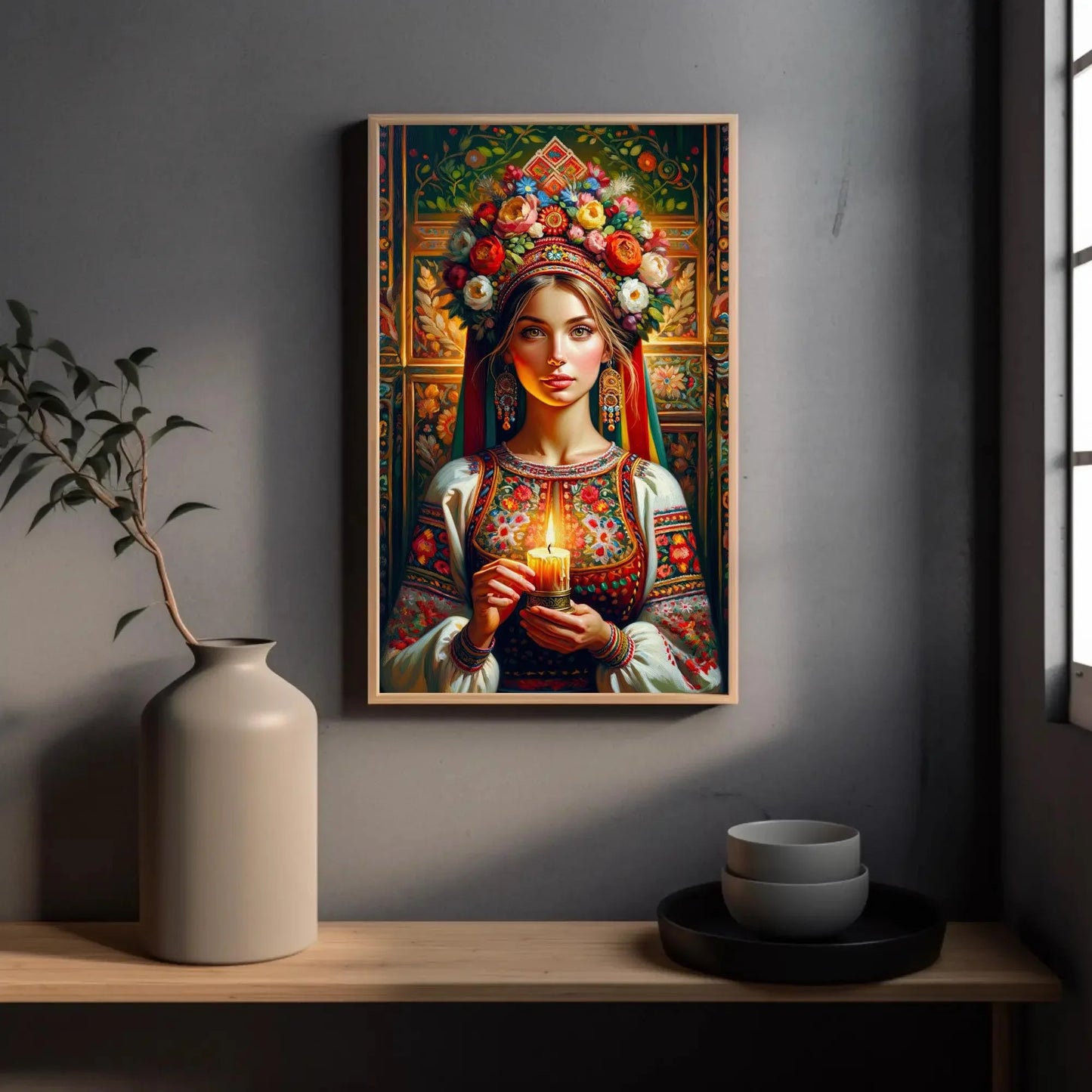 Ukrainian Girl Holding Candle Print, Ukrainian Woman Oil Painting on Framed Canvas, Ethinic Poster Prints for Home Decor Wall Art – Canvas Print