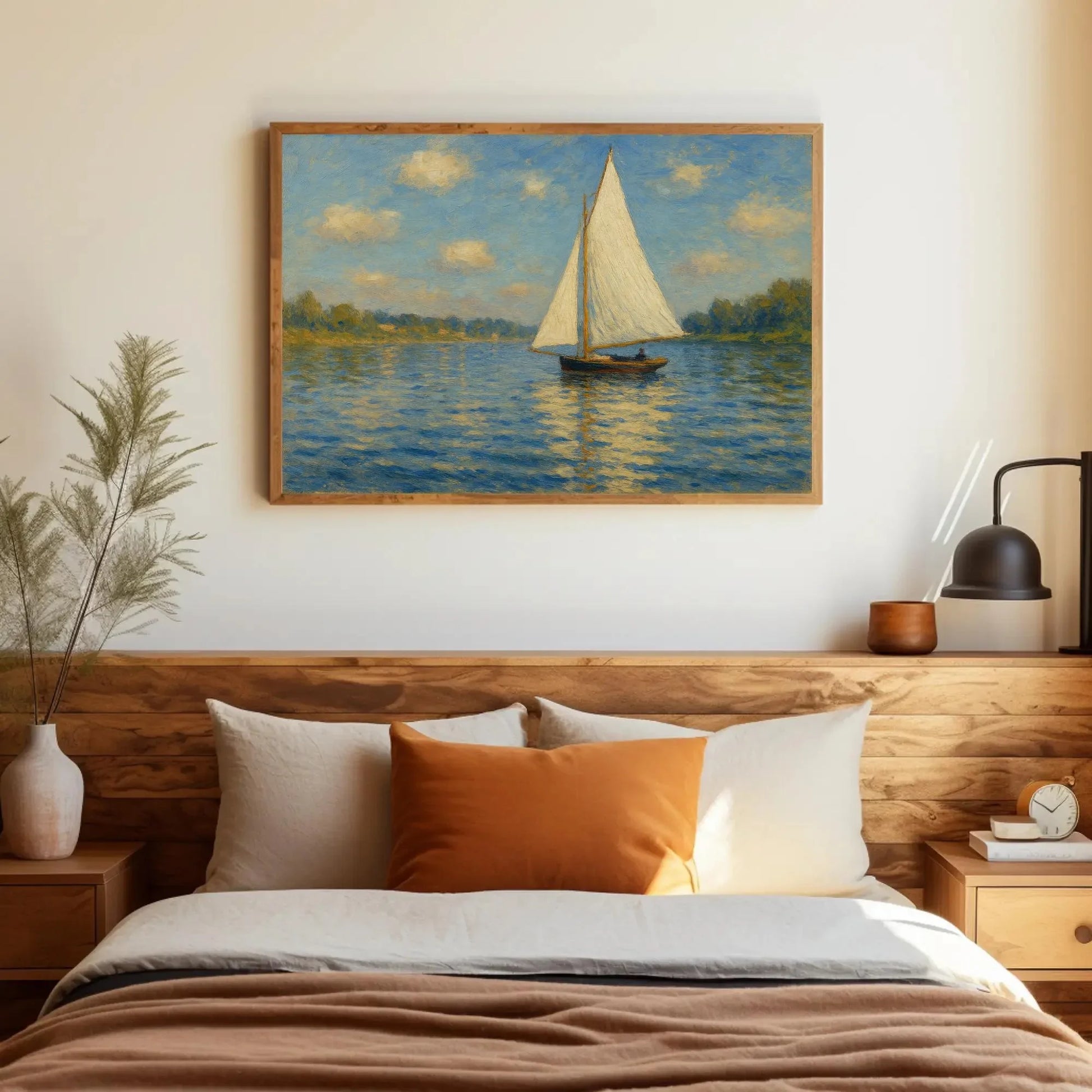 Sailboat Lake Painting Nautical Water Scene Seascape Art Blue Sky White Sail Calm Water Wall Art Coastal Home Decor Relaxing Canvas Wall Art – Canvas Print