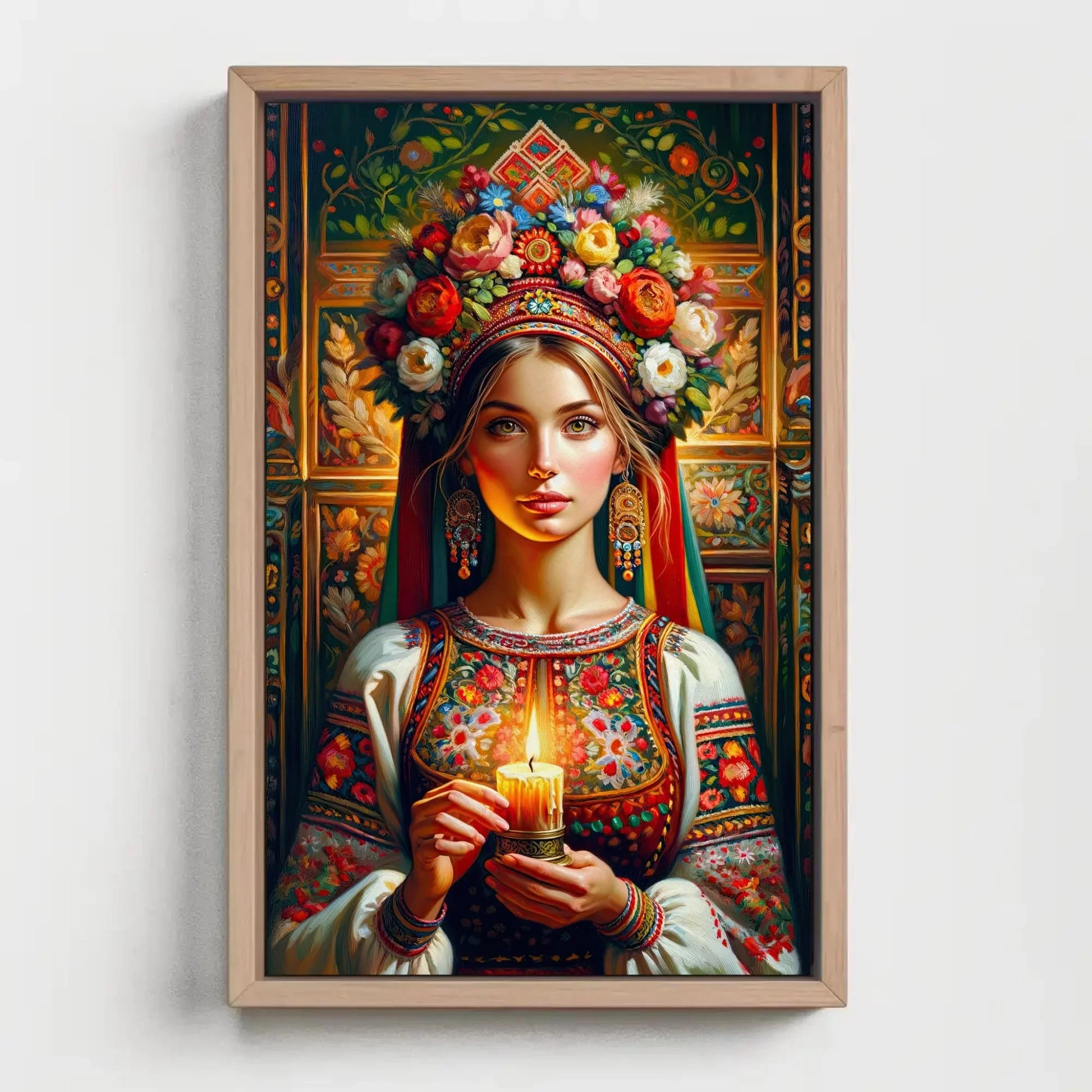 Ukrainian Girl Holding Candle Print, Ukrainian Woman Oil Painting on Framed Canvas, Ethinic Poster Prints for Home Decor Wall Art – Canvas Print