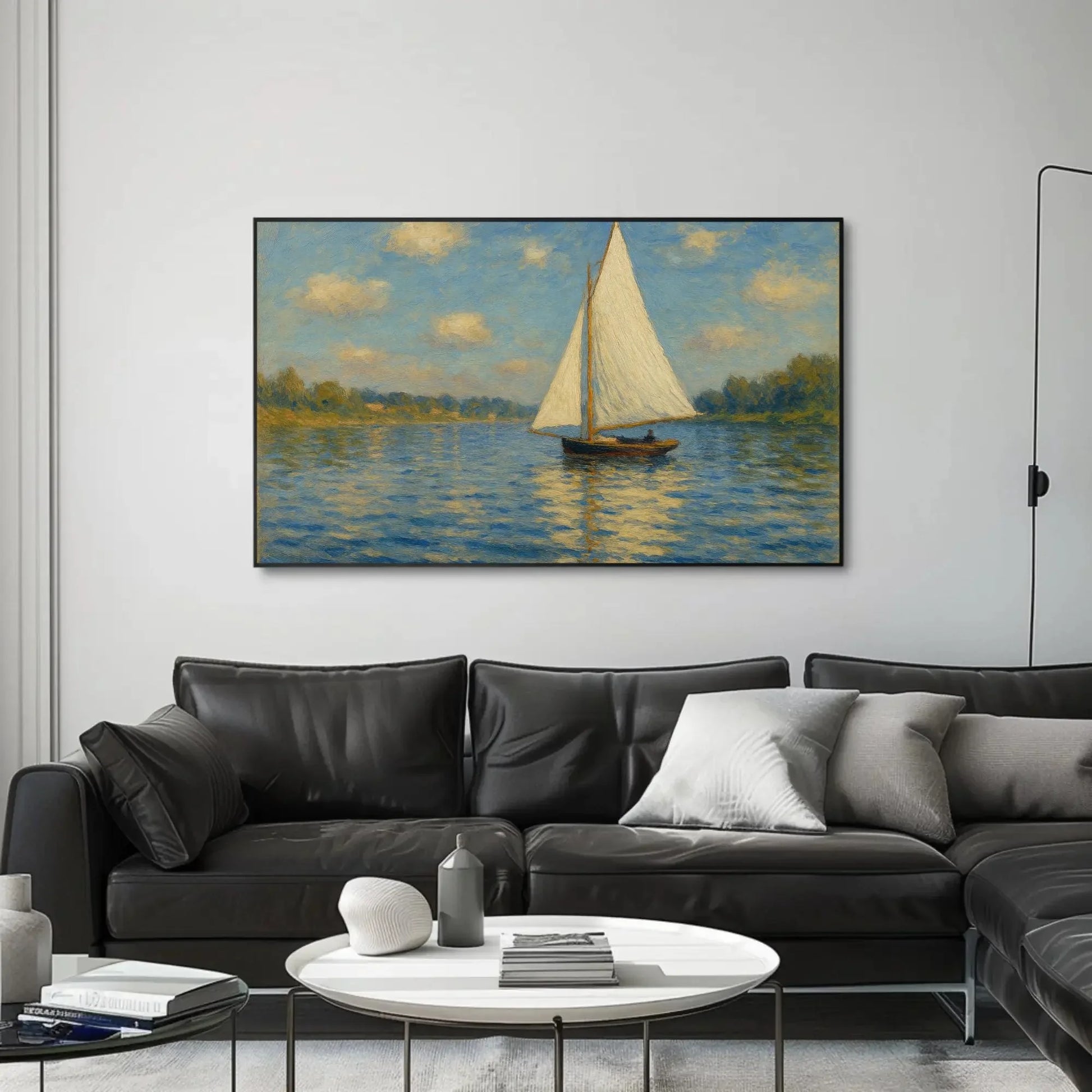 Sailboat Lake Painting Nautical Water Scene Seascape Art Blue Sky White Sail Calm Water Wall Art Coastal Home Decor Relaxing Canvas Wall Art – Canvas Print