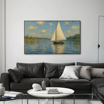 Sailboat Lake Painting Nautical Water Scene Seascape Art Blue Sky White Sail Calm Water Wall Art Coastal Home Decor Relaxing Canvas Wall Art – Canvas Print