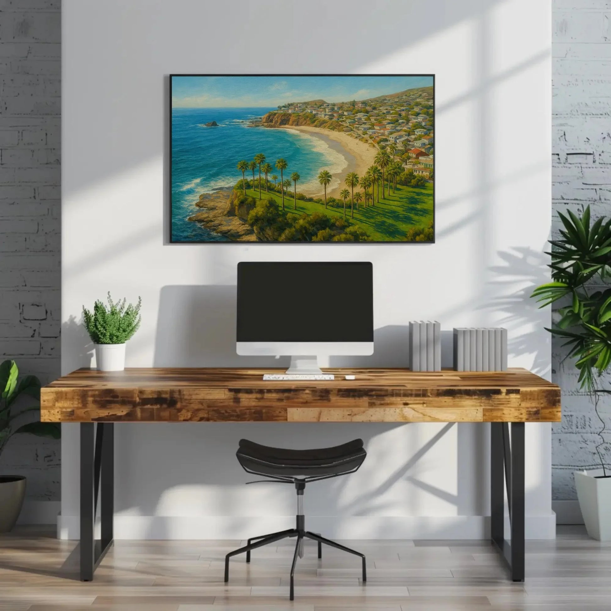 Sunny Laguna Beach California Canvas Print, Coastal Seaside Landscape Painting, Oceanfront Palms Wall Art, Relaxing Beach House Home Decor Wall Art – Canvas Print