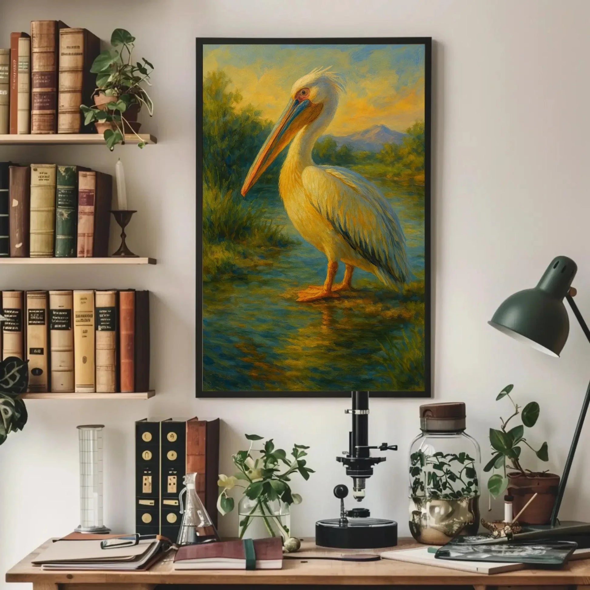 Majestic White Pelican at Sunset Canvas Print, Tranquil Water Bird Painting, Serene Wildlife Wall Art, Peaceful Nature Scene for Home Decor Wall Art – Canvas Print