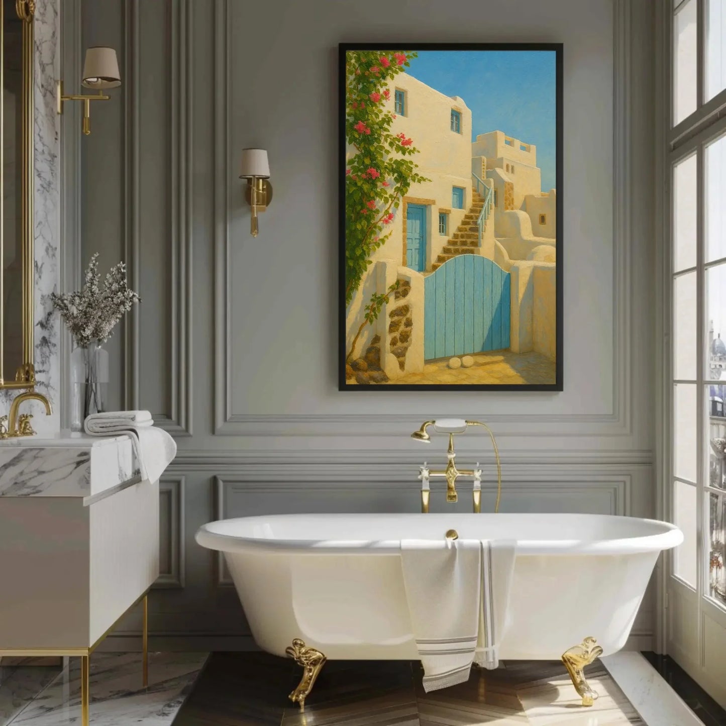 Greek Island Blue Door Art Print – Whitewashed House Canvas Print with Pink Bougainvillea, Greece Travel Painting for Wall Decor Wall Art – Canvas Print