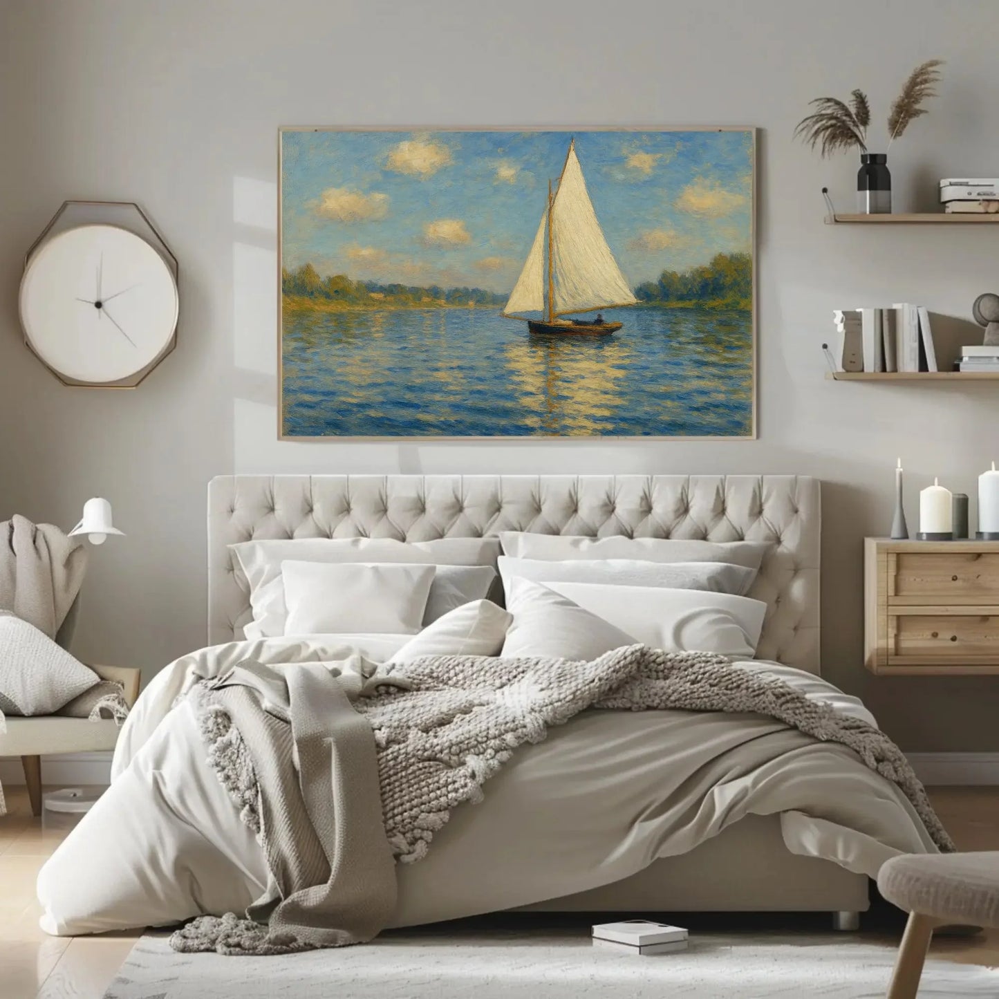 Sailboat Lake Painting Nautical Water Scene Seascape Art Blue Sky White Sail Calm Water Wall Art Coastal Home Decor Relaxing Canvas Wall Art – Canvas Print