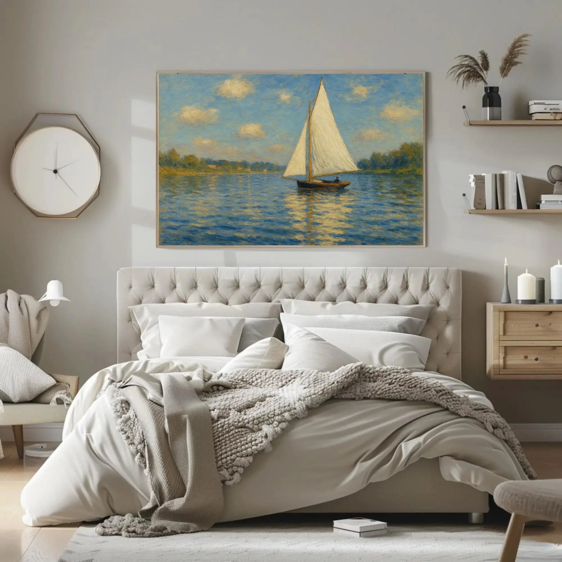 Sailboat Lake Painting Nautical Water Scene Seascape Art Blue Sky White Sail Calm Water Wall Art Coastal Home Decor Relaxing Canvas Wall Art – Canvas Print