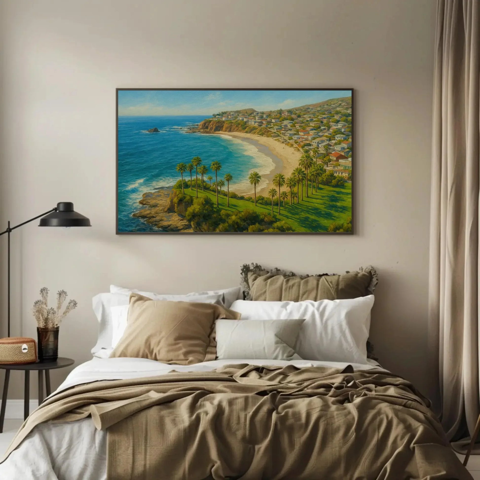 Sunny Laguna Beach California Canvas Print, Coastal Seaside Landscape Painting, Oceanfront Palms Wall Art, Relaxing Beach House Home Decor Wall Art – Canvas Print