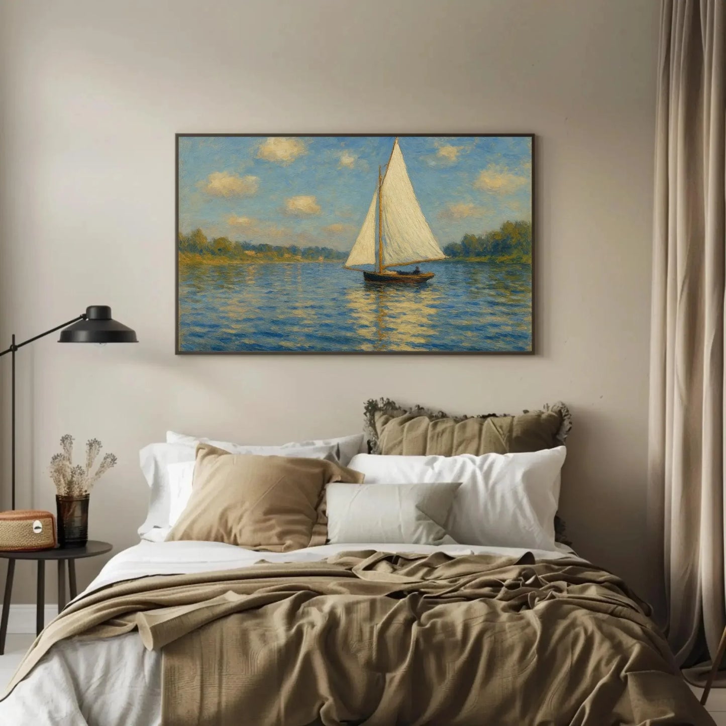 Sailboat Lake Painting Nautical Water Scene Seascape Art Blue Sky White Sail Calm Water Wall Art Coastal Home Decor Relaxing Canvas Wall Art – Canvas Print