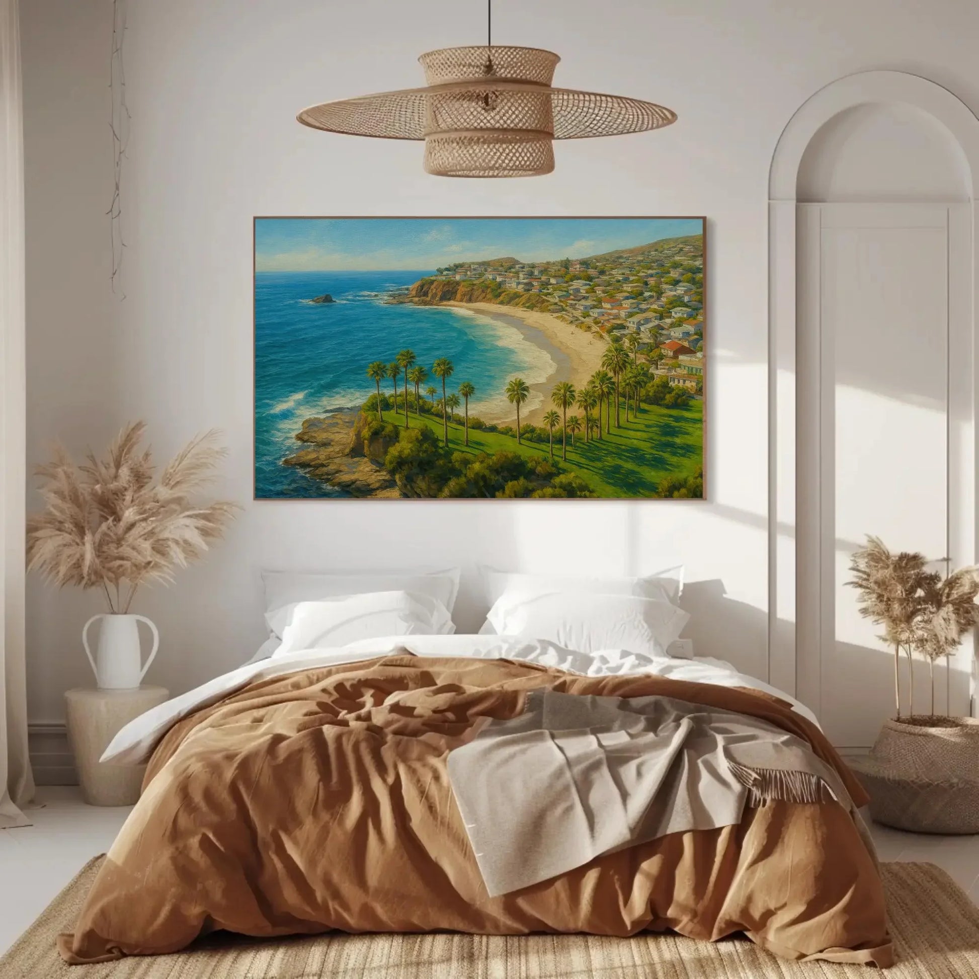 Sunny Laguna Beach California Canvas Print, Coastal Seaside Landscape Painting, Oceanfront Palms Wall Art, Relaxing Beach House Home Decor Wall Art – Canvas Print