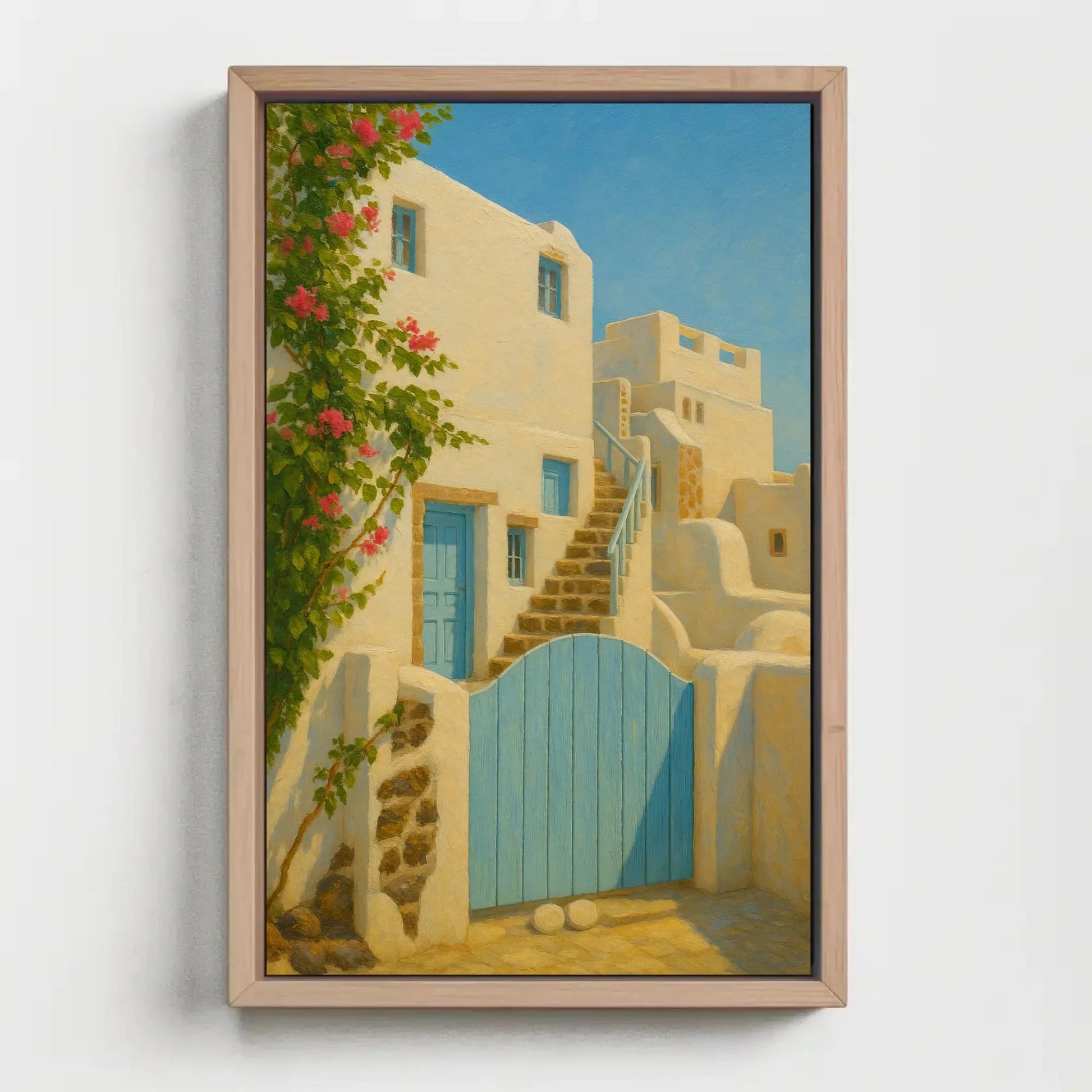 Greek Island Blue Door Art Print – Whitewashed House Canvas Print with Pink Bougainvillea, Greece Travel Painting for Wall Decor Wall Art – Canvas Print