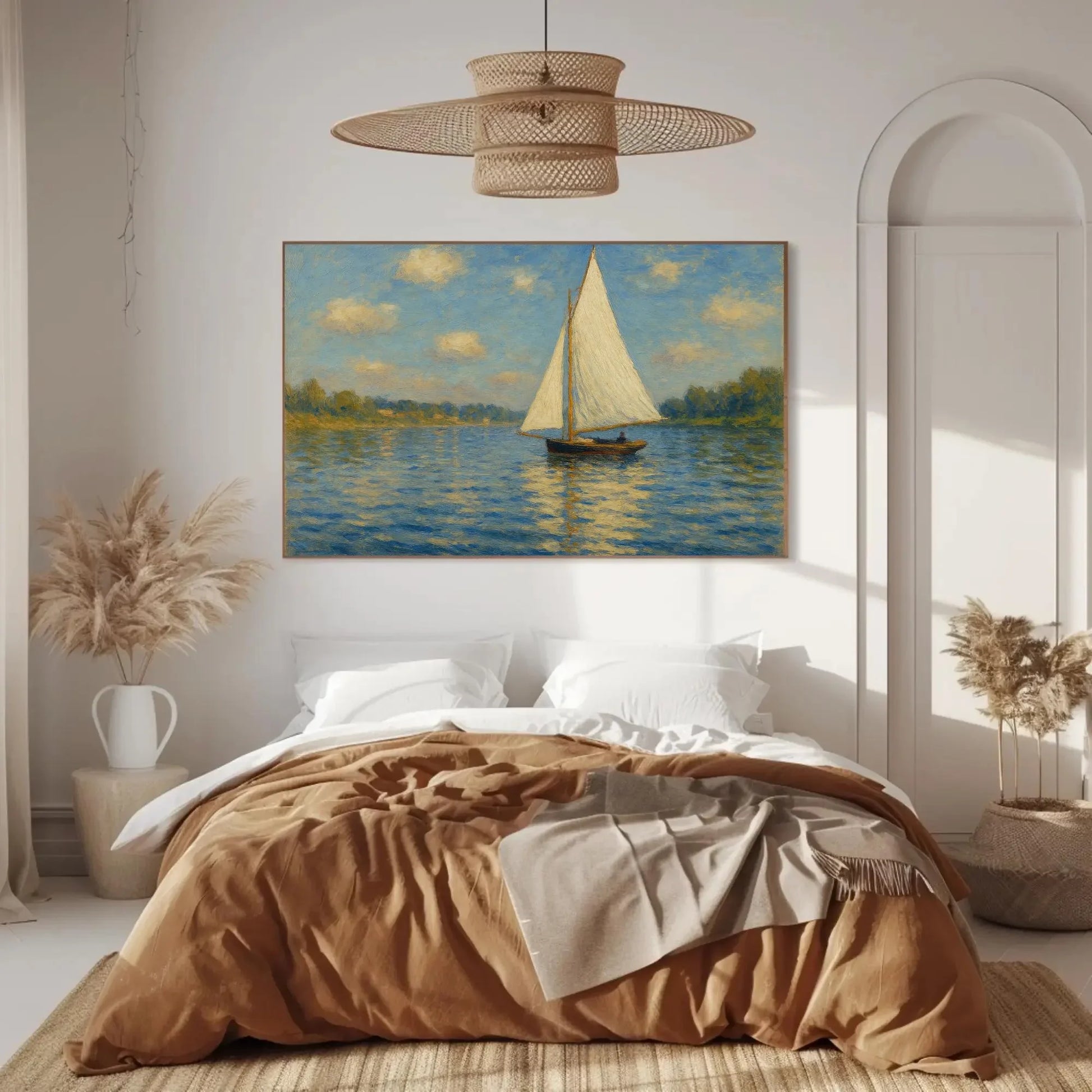 Sailboat Lake Painting Nautical Water Scene Seascape Art Blue Sky White Sail Calm Water Wall Art Coastal Home Decor Relaxing Canvas Wall Art – Canvas Print