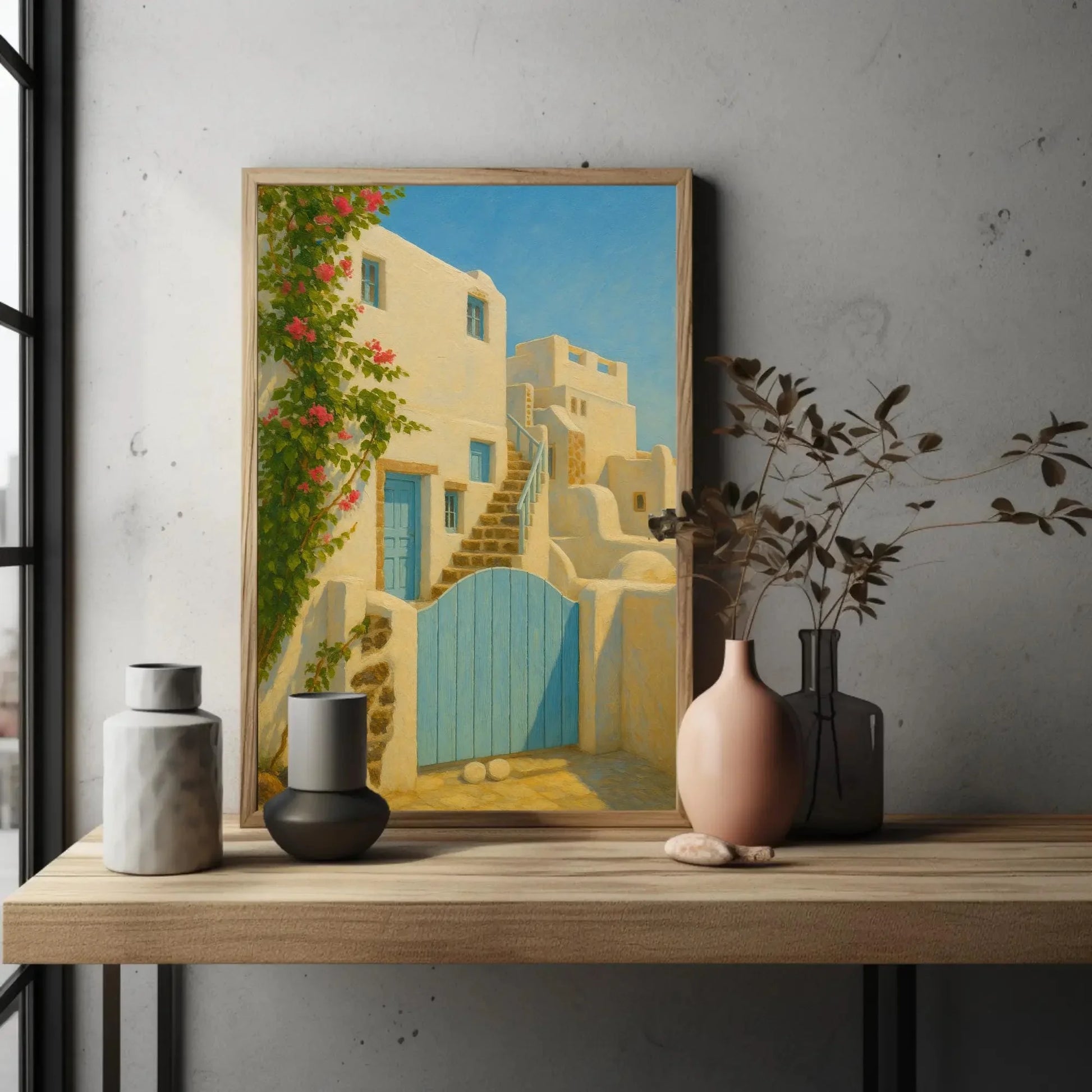 Greek Island Blue Door Art Print – Whitewashed House Canvas Print with Pink Bougainvillea, Greece Travel Painting for Wall Decor Wall Art – Canvas Print