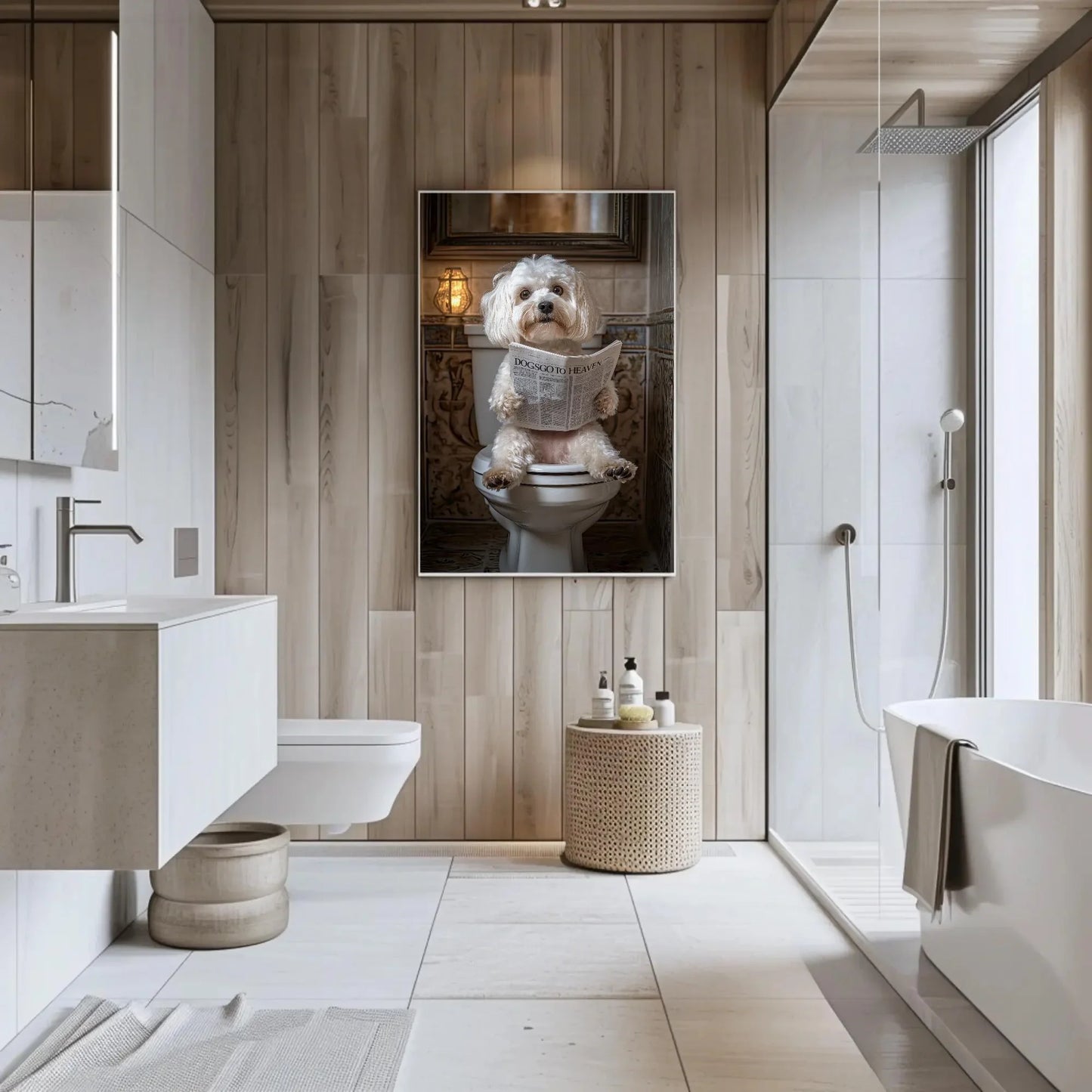 Maltese Poodle Dog on Toilet Reading Newspaper Canvas Print - Funny Bathroom Art - Toilet Humor Wall Decor for Half Bath, Ready to Hang Wall Art – Canvas Print