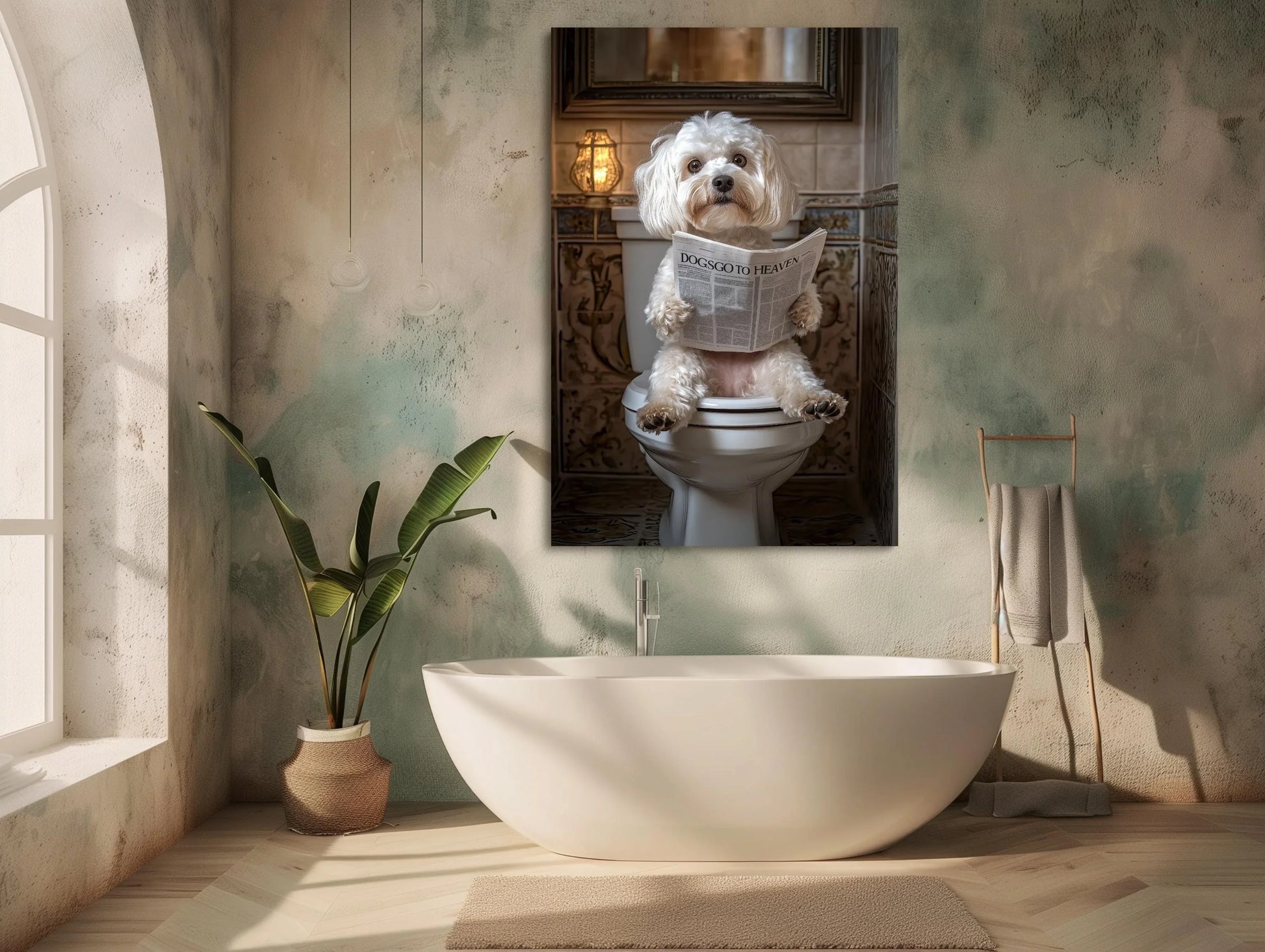 Maltese Poodle Dog on Toilet Reading Newspaper Canvas Print - Funny Bathroom Art - Toilet Humor Wall Decor for Half Bath, Ready to Hang Wall Art – Canvas Print