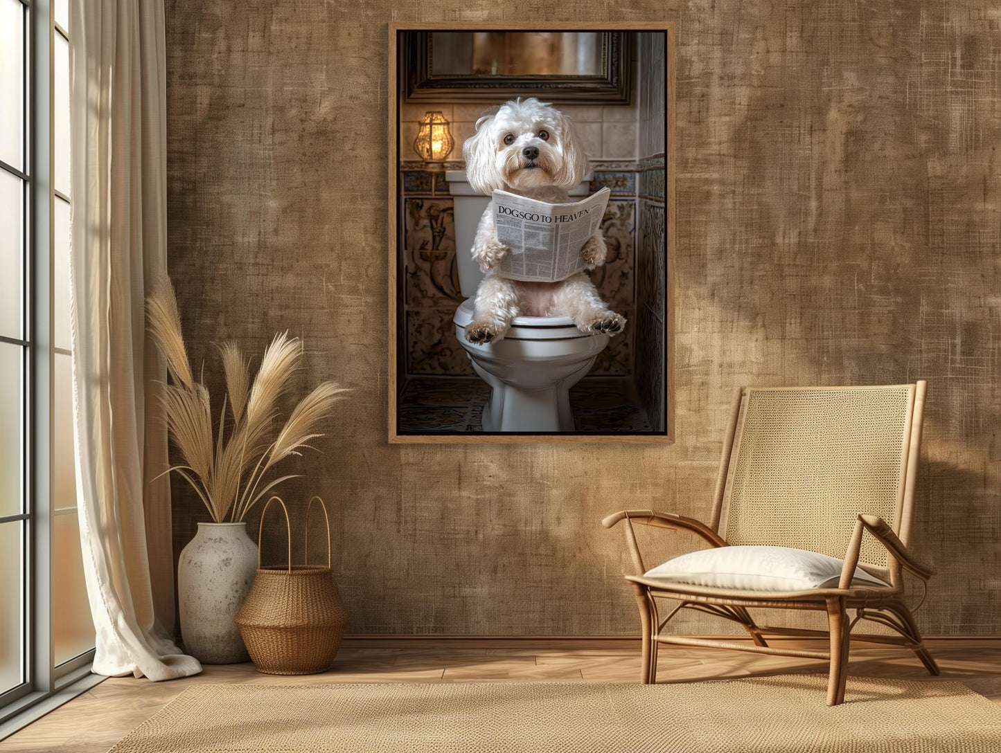 Maltese Poodle Dog on Toilet Reading Newspaper Canvas Print - Funny Bathroom Art - Toilet Humor Wall Decor for Half Bath, Ready to Hang Wall Art – Canvas Print