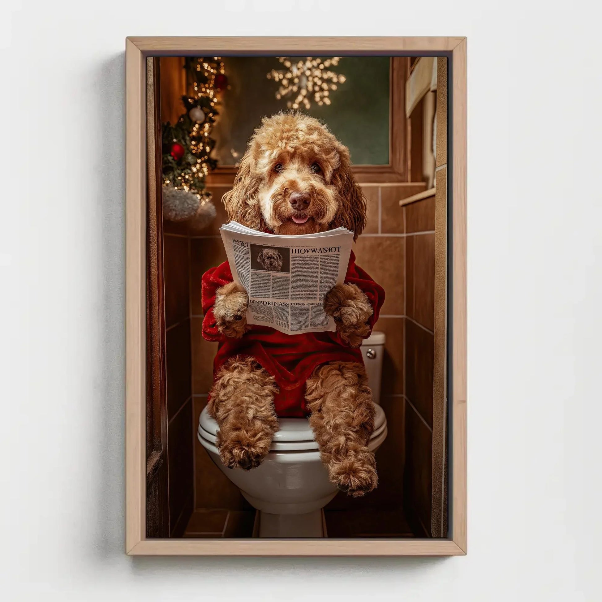 Christmas Goldendoodle Reading Newspaper on Toilet Canvas Print, Funny Dog Bathroom Art, Whimsical Decor, Cute Animal Print, Ready to Hang Wall Art – Canvas Print