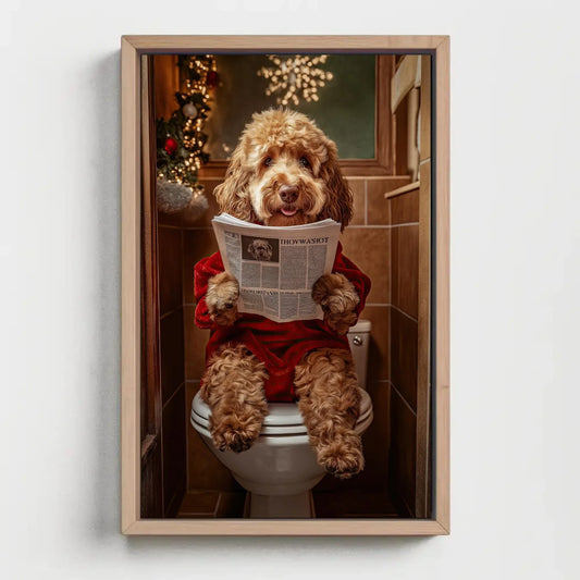 Christmas Goldendoodle Reading Newspaper on Toilet Canvas Print, Funny Dog Bathroom Art, Whimsical Decor, Cute Animal Print, Ready to Hang Wall Art – Canvas Print