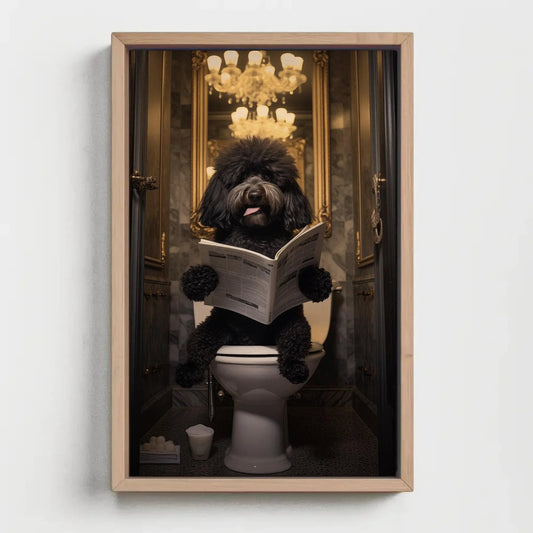 Black Doodle Dog Reading Newspaper on Toilet Canvas Print - Toilet Humor - Whimsical Bathroom Art - Funny Animal Print - HQ Ready to Hang Wall Art – Canvas Print