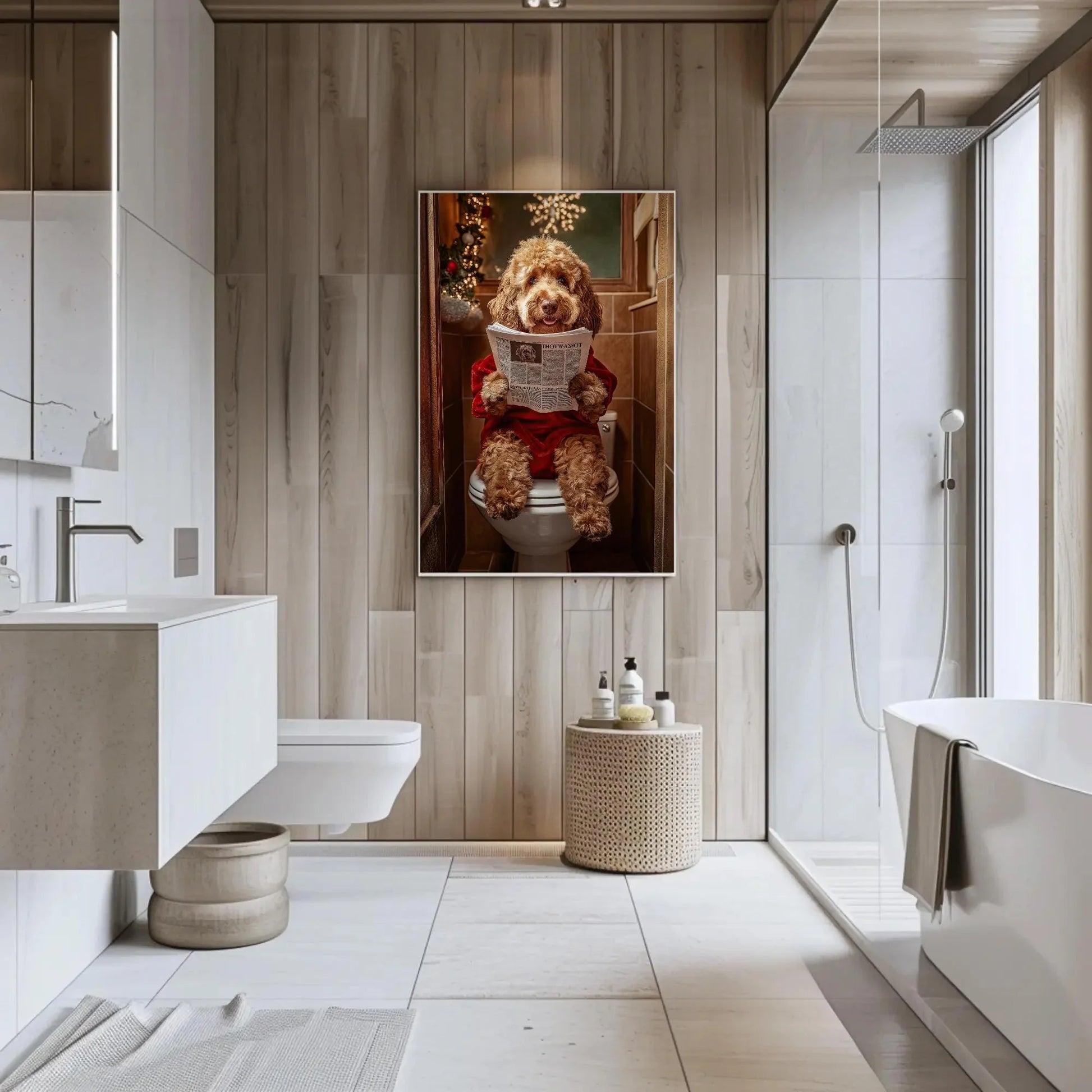 Christmas Goldendoodle Reading Newspaper on Toilet Canvas Print, Funny Dog Bathroom Art, Whimsical Decor, Cute Animal Print, Ready to Hang Wall Art – Canvas Print