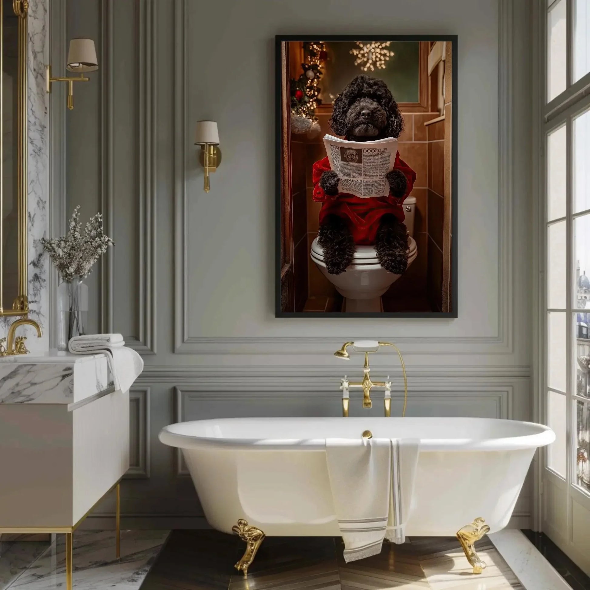 Christmas Black Doodle Dog Reading Newspaper on Toilet Canvas Print, Funny Dog Bathroom Art, Whimsical Holiday Decor, Cute Toilet Humor Wall Art – Canvas Print