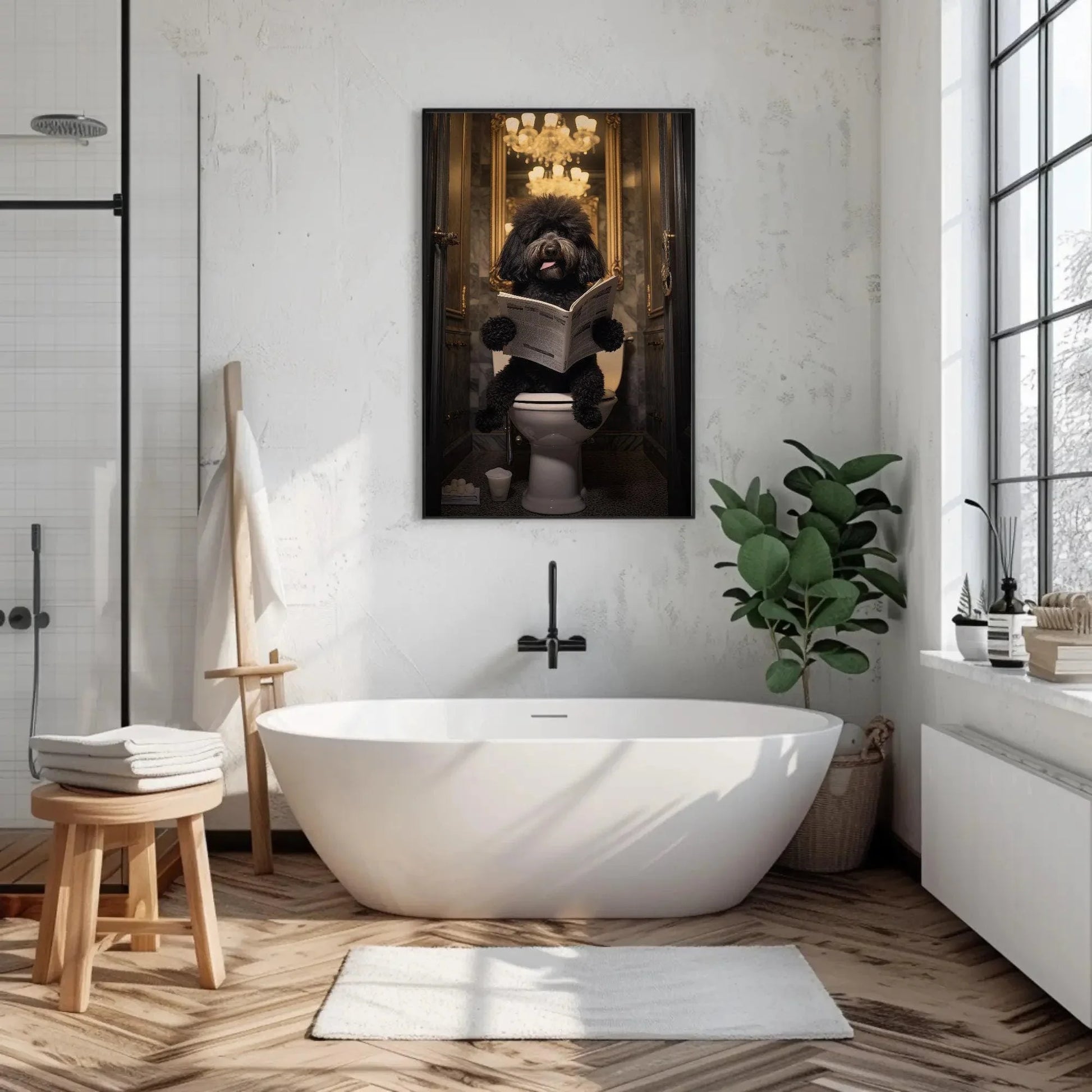 Black Doodle Dog Reading Newspaper on Toilet Canvas Print - Toilet Humor - Whimsical Bathroom Art - Funny Animal Print - HQ Ready to Hang Wall Art – Canvas Print