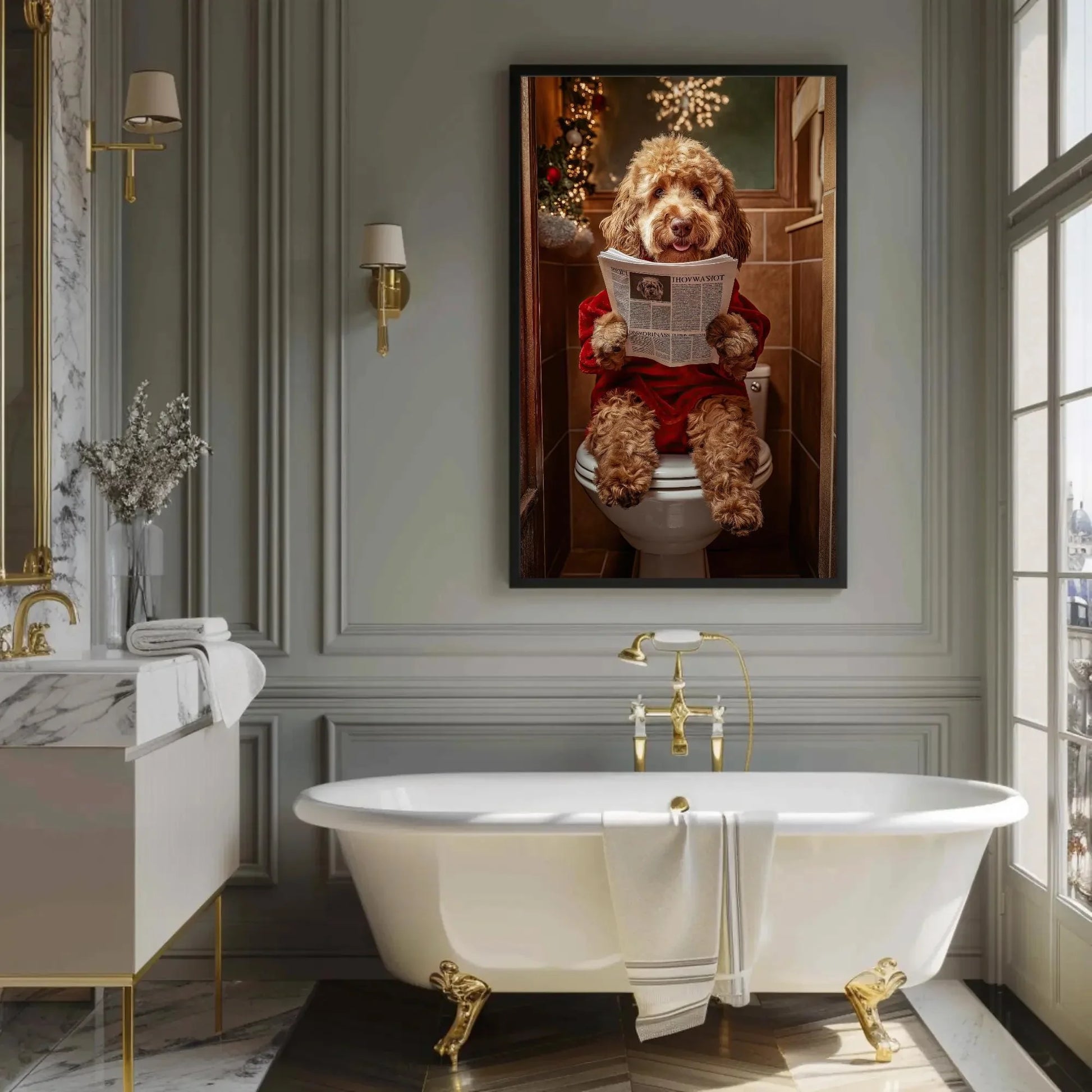 Christmas Goldendoodle Reading Newspaper on Toilet Canvas Print, Funny Dog Bathroom Art, Whimsical Decor, Cute Animal Print, Ready to Hang Wall Art – Canvas Print