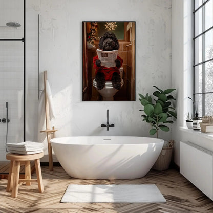 Christmas Black Doodle Dog Reading Newspaper on Toilet Canvas Print, Funny Dog Bathroom Art, Whimsical Holiday Decor, Cute Toilet Humor Wall Art – Canvas Print