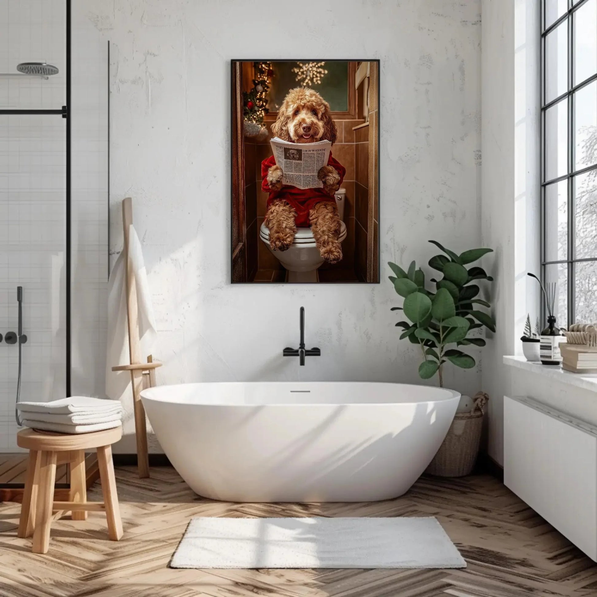 Christmas Goldendoodle Reading Newspaper on Toilet Canvas Print, Funny Dog Bathroom Art, Whimsical Decor, Cute Animal Print, Ready to Hang Wall Art – Canvas Print