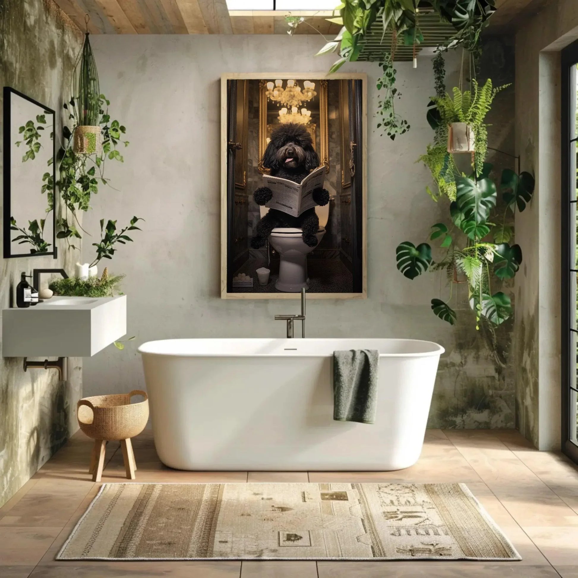 Black Doodle Dog Reading Newspaper on Toilet Canvas Print - Toilet Humor - Whimsical Bathroom Art - Funny Animal Print - HQ Ready to Hang Wall Art – Canvas Print