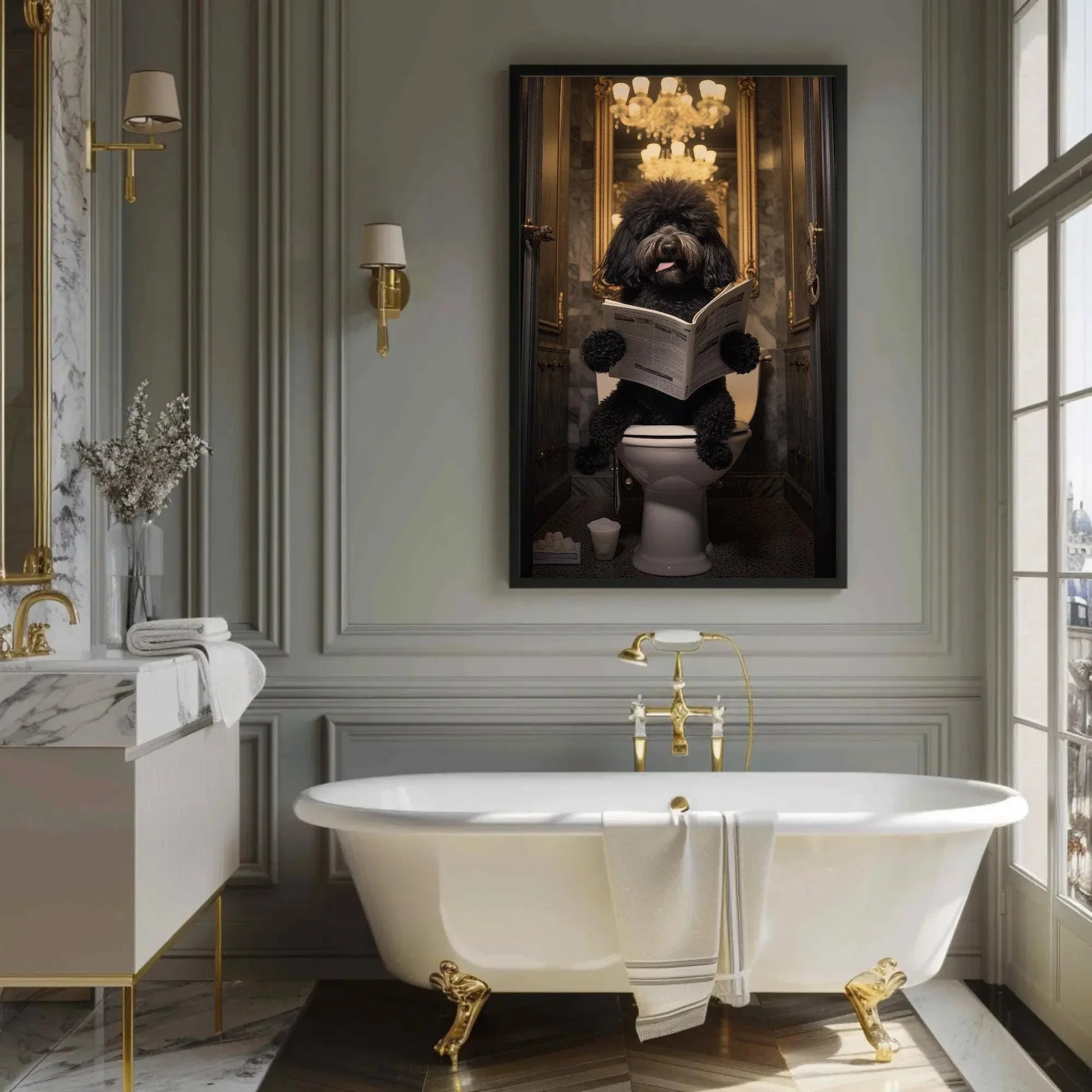 Black Doodle Dog Reading Newspaper on Toilet Canvas Print - Toilet Humor - Whimsical Bathroom Art - Funny Animal Print - HQ Ready to Hang Wall Art – Canvas Print