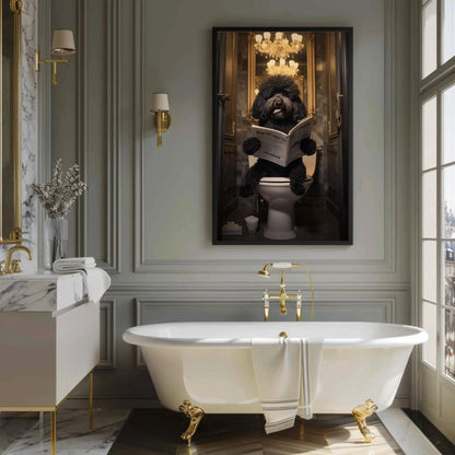 Black Doodle Dog Reading Newspaper on Toilet Canvas Print - Toilet Humor - Whimsical Bathroom Art - Funny Animal Print - HQ Ready to Hang Wall Art – Canvas Print