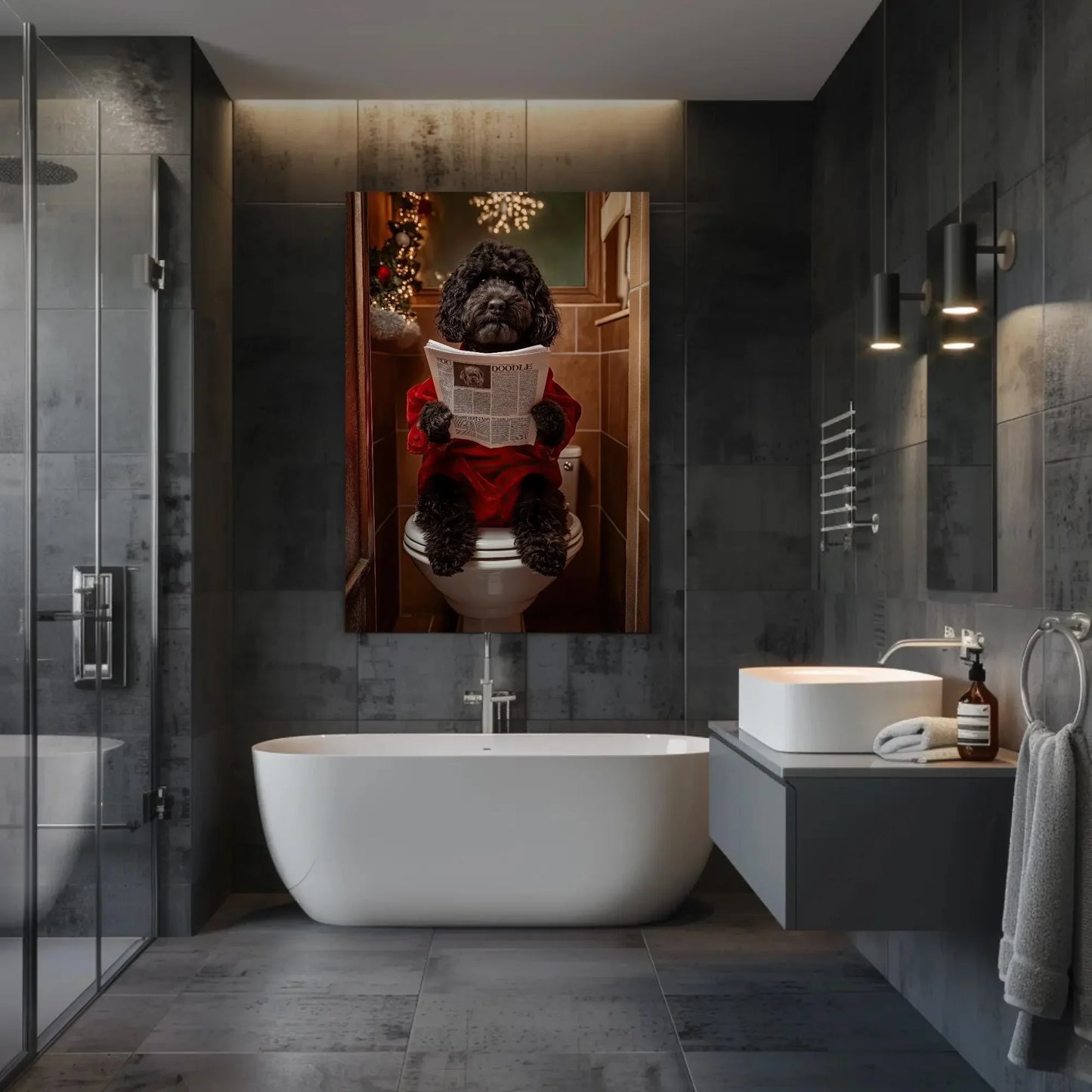 Christmas Black Doodle Dog Reading Newspaper on Toilet Canvas Print, Funny Dog Bathroom Art, Whimsical Holiday Decor, Cute Toilet Humor Wall Art – Canvas Print