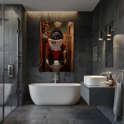 Christmas Black Doodle Dog Reading Newspaper on Toilet Canvas Print, Funny Dog Bathroom Art, Whimsical Holiday Decor, Cute Toilet Humor Wall Art – Canvas Print