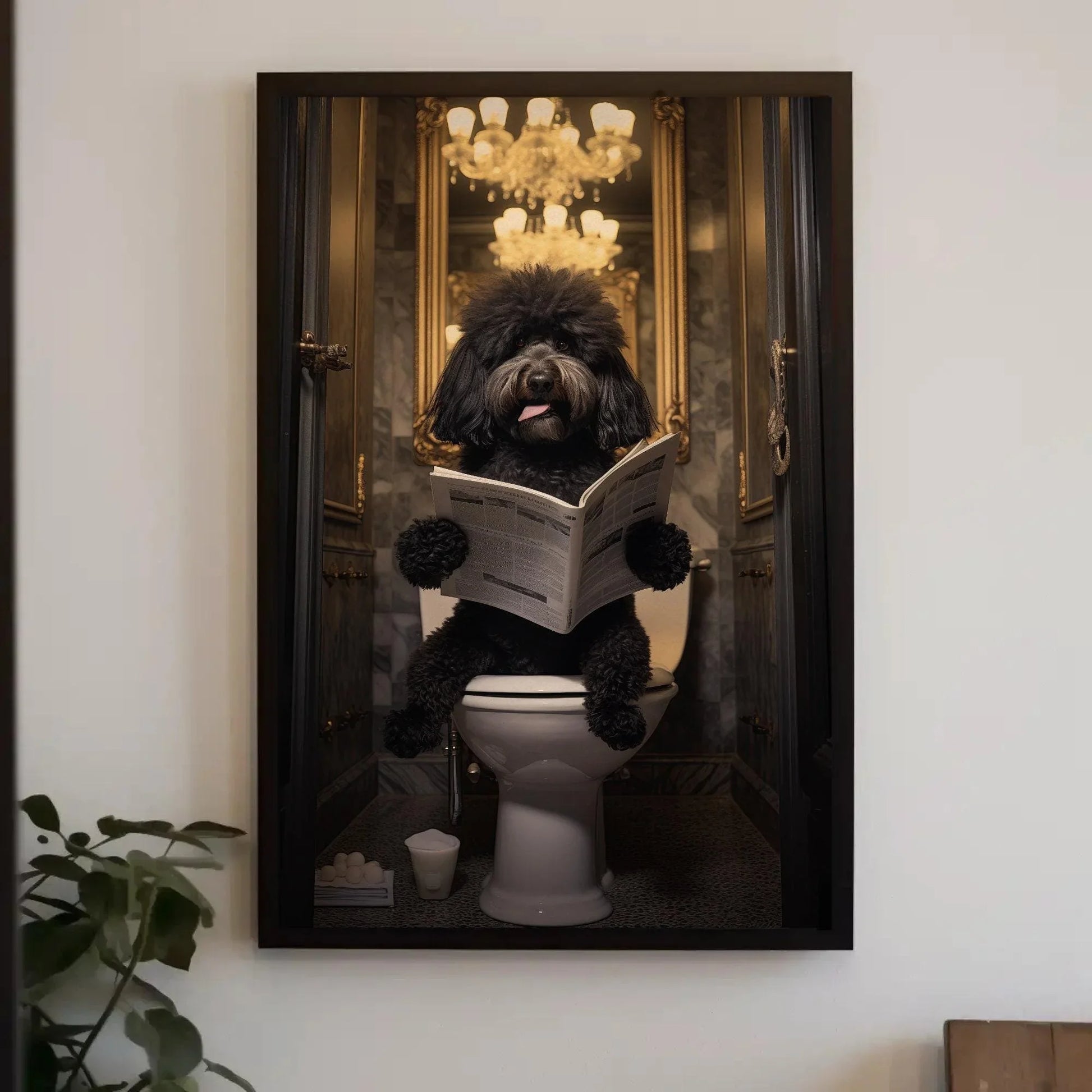 Black Doodle Dog Reading Newspaper on Toilet Canvas Print - Toilet Humor - Whimsical Bathroom Art - Funny Animal Print - HQ Ready to Hang Wall Art – Canvas Print